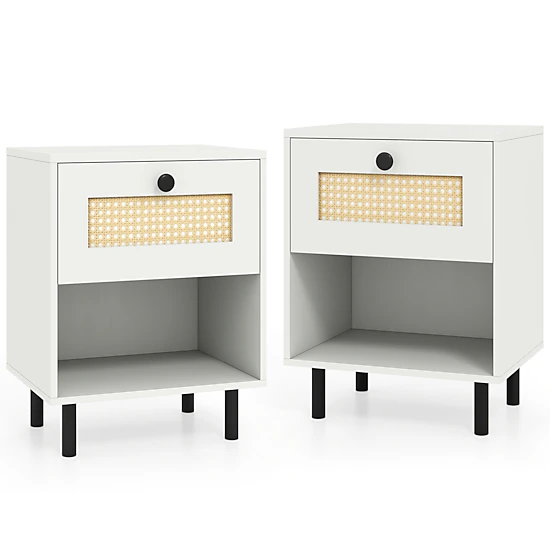 SUGIFT Set of 2 White Boho Nightstands, Rattan Drawer Fronts and Open Cubby
