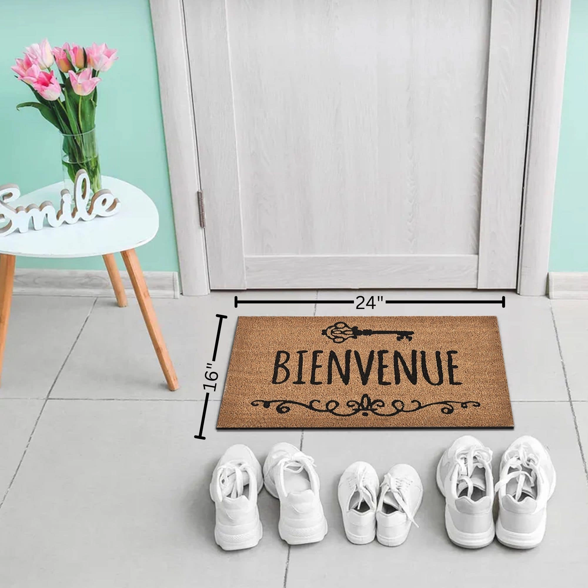 Evideco French Home Goods Natural and Black Bienvenue Coir Doormat 24 x 16 Inches