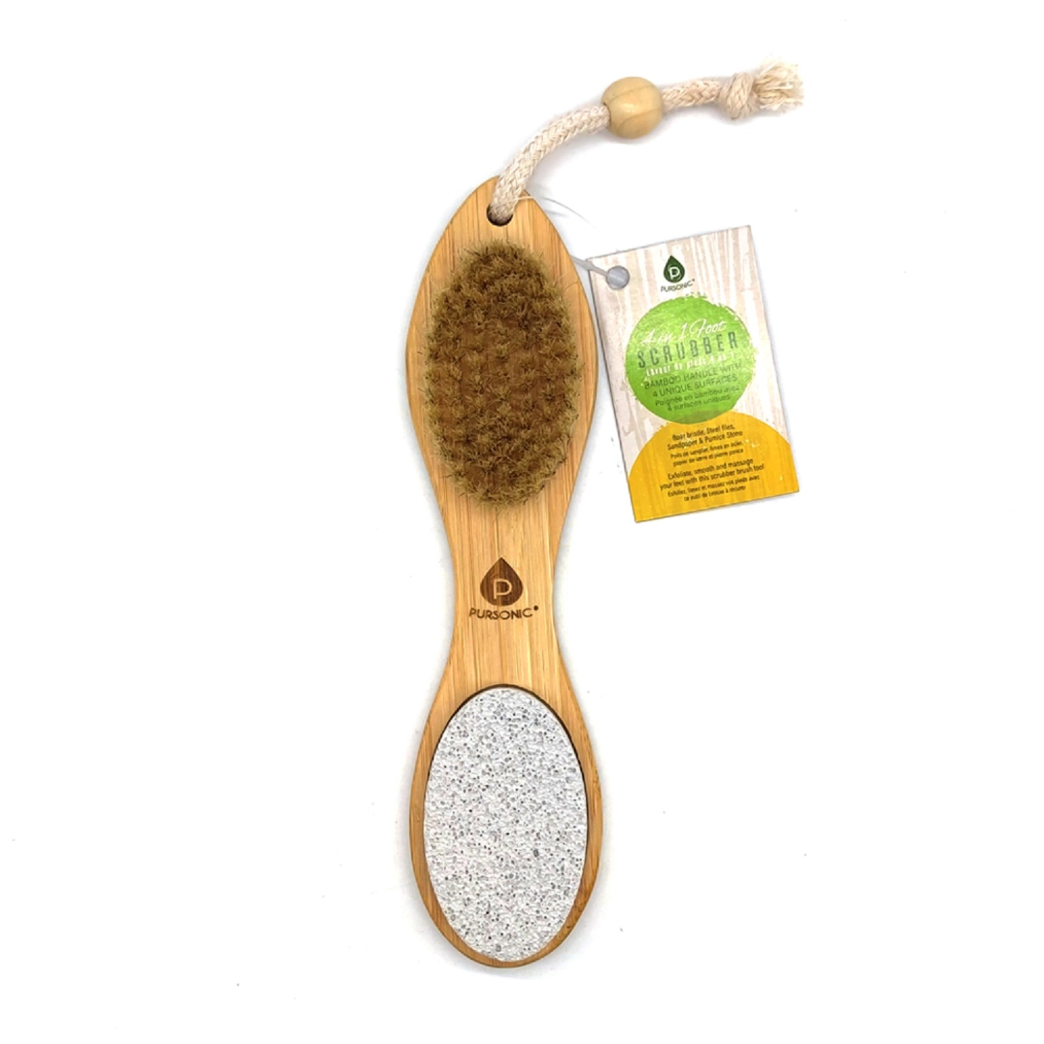 Pursonic Unisex 4-in-1 Bamboo Foot Scrubber Brush – Exfoliating Foot Care Tool