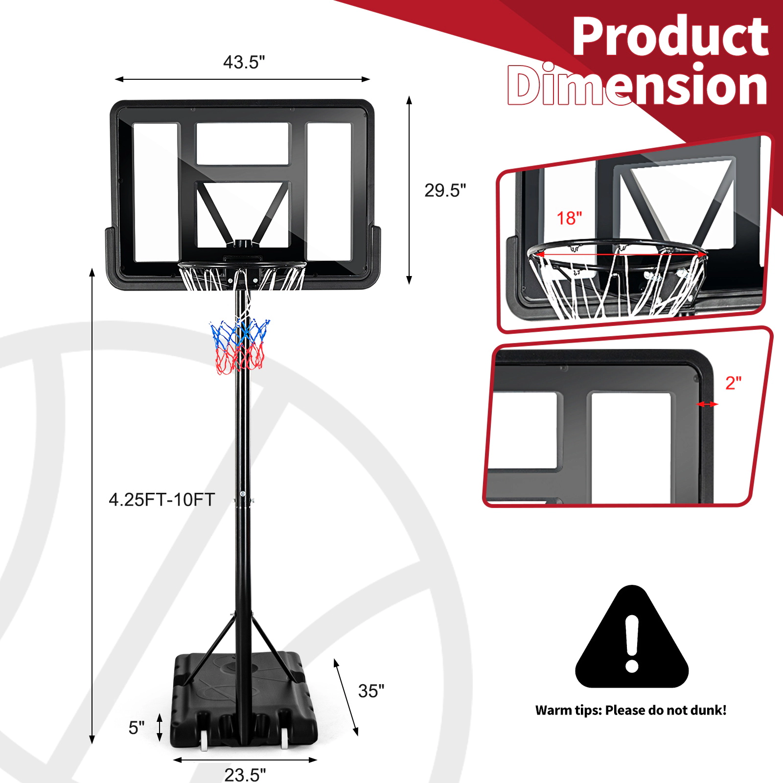 SUGIFT Portable Basketball Hoop Stand with Shatterproof HDPE Backboard and Wheels 4.25-10-ft Rim Black Red