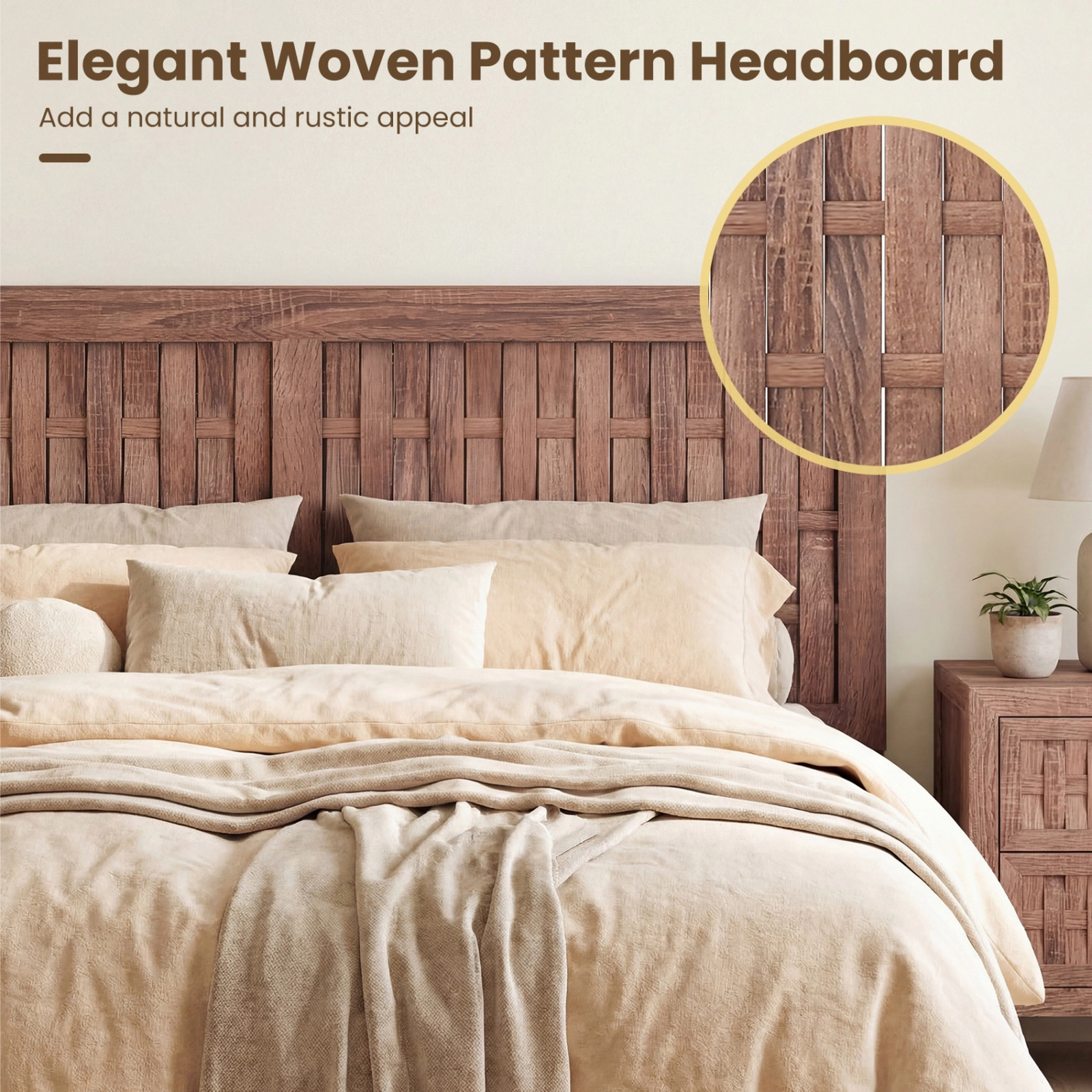 SUGIFT Mid Century Full Size Bed Frame with Woven Accent Headboard 705-lb Capacity Walnut Finish