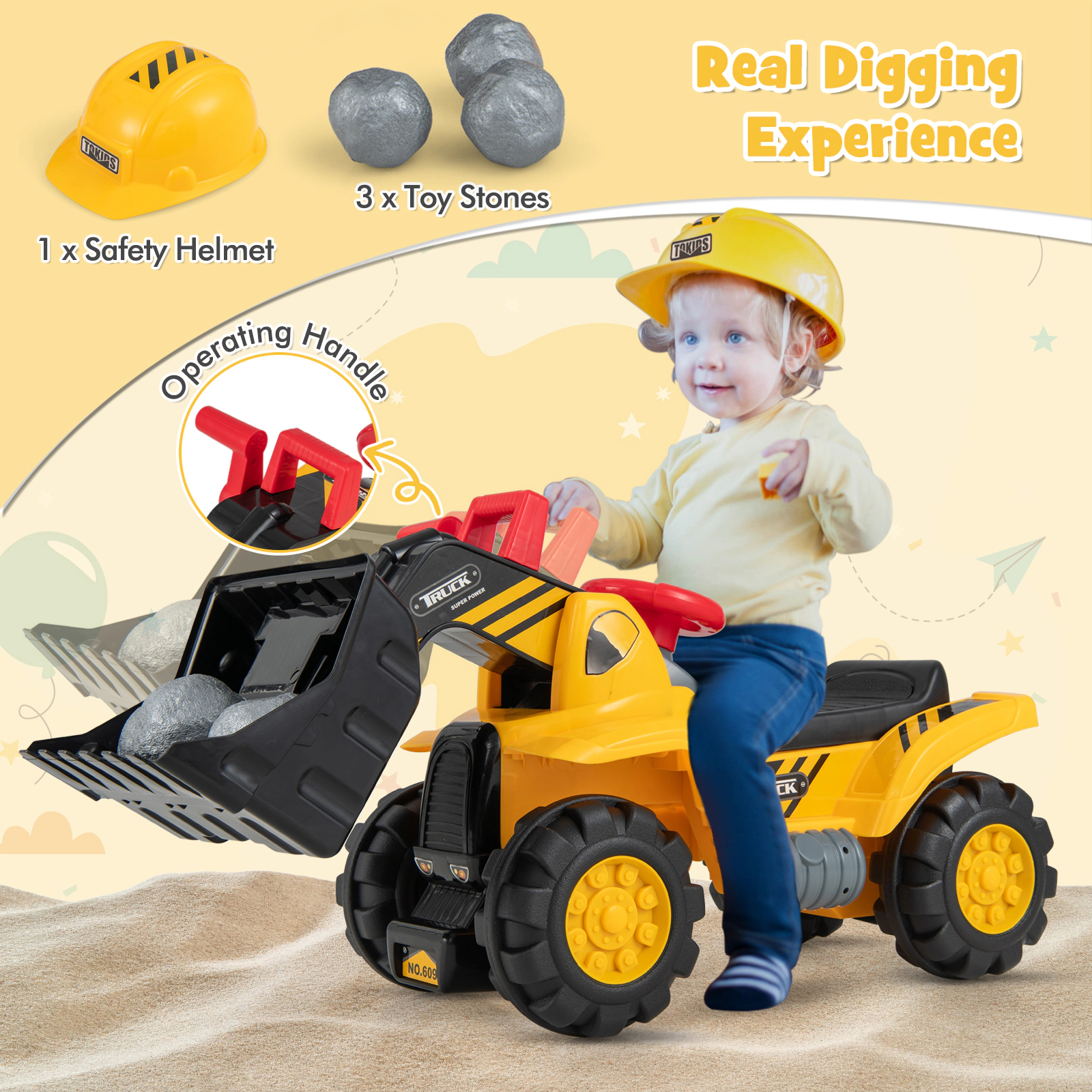 SUGIFT Adjustable Bucket Ride On Bulldozer Toy Play Truck 55-lb Capacity Ages 3+ Yellow with Helmet and Toy Stones