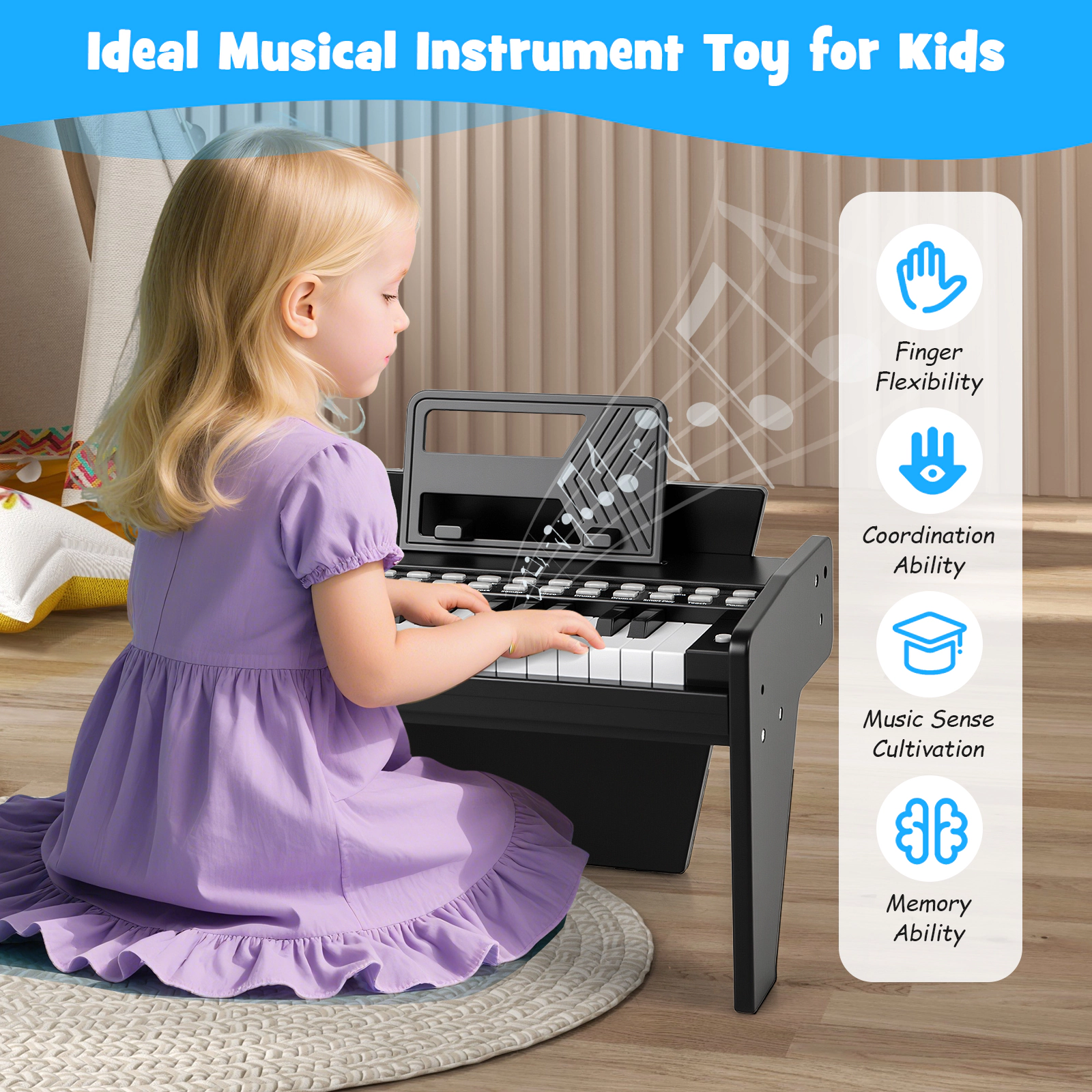 SUGIFT 25-Key Kids Piano Keyboard with Adjustable Speed and Volume Ages 3+ 15-in Wide Black
