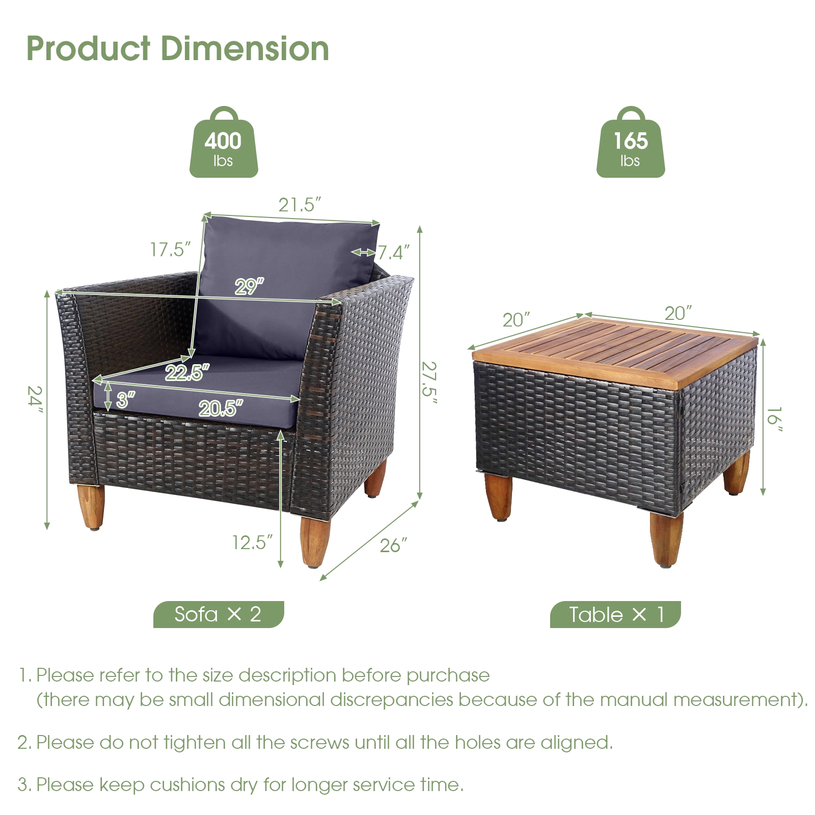 SUGIFT Outdoor Patio Wicker Conversation Set with Cushions and Acacia Wood Coffee Table 400-lb Chair Capacity Gray