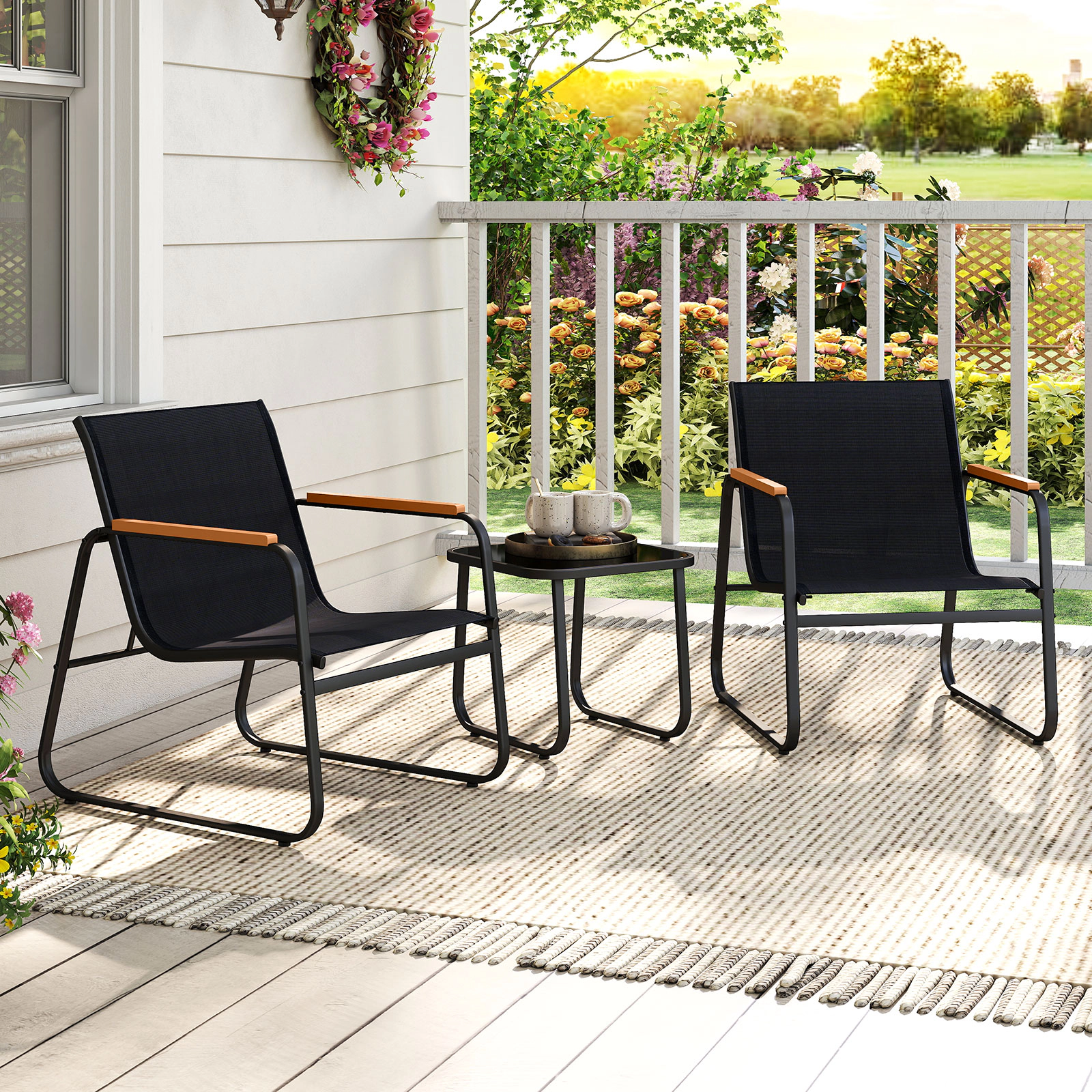 SUGIFT 3-Piece Gray Patio Bistro Set with Cushioned Chairs and Tempered Glass Table
