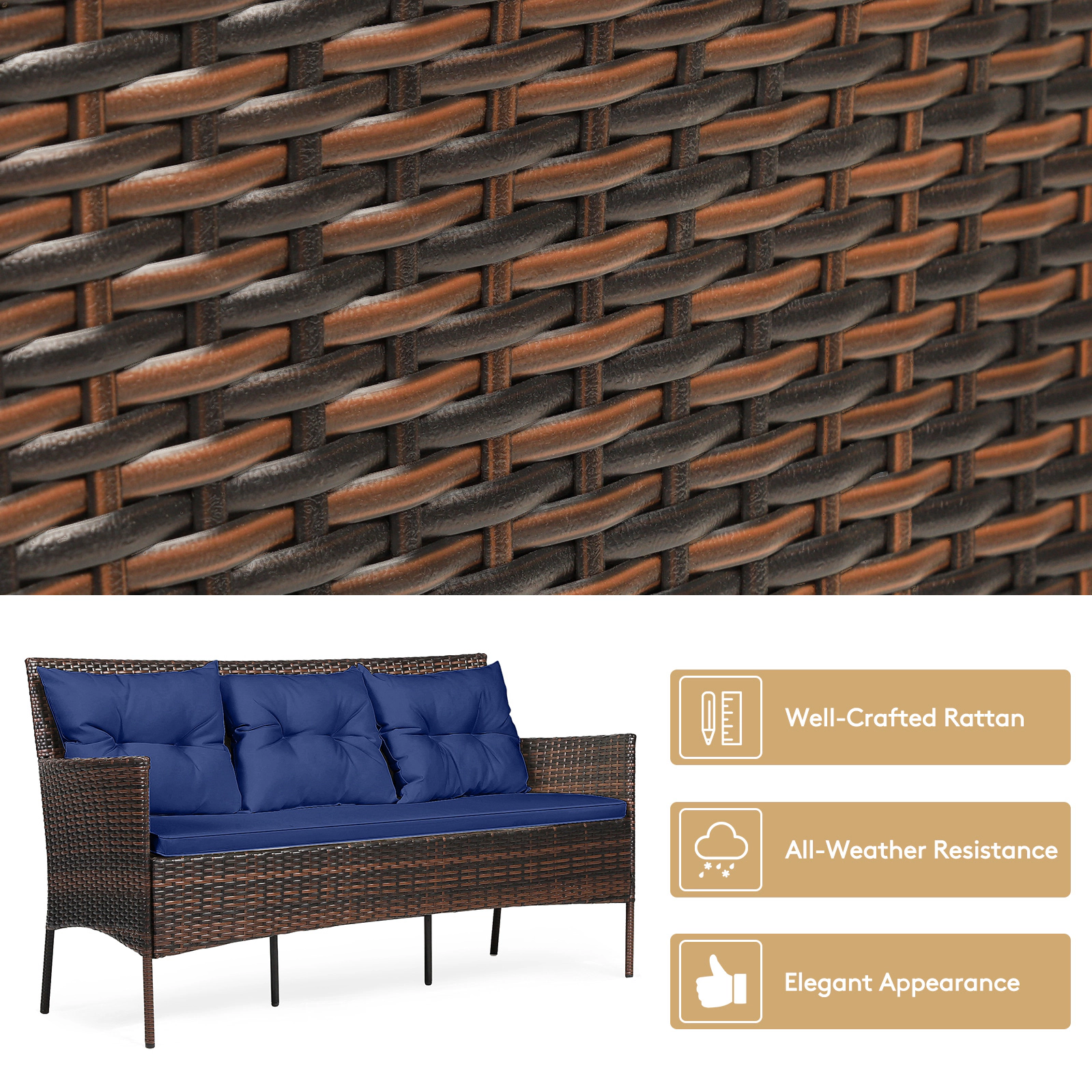 SUGIFT Ottoman and Glass Table 3-Piece Patio Rattan Sectional Set