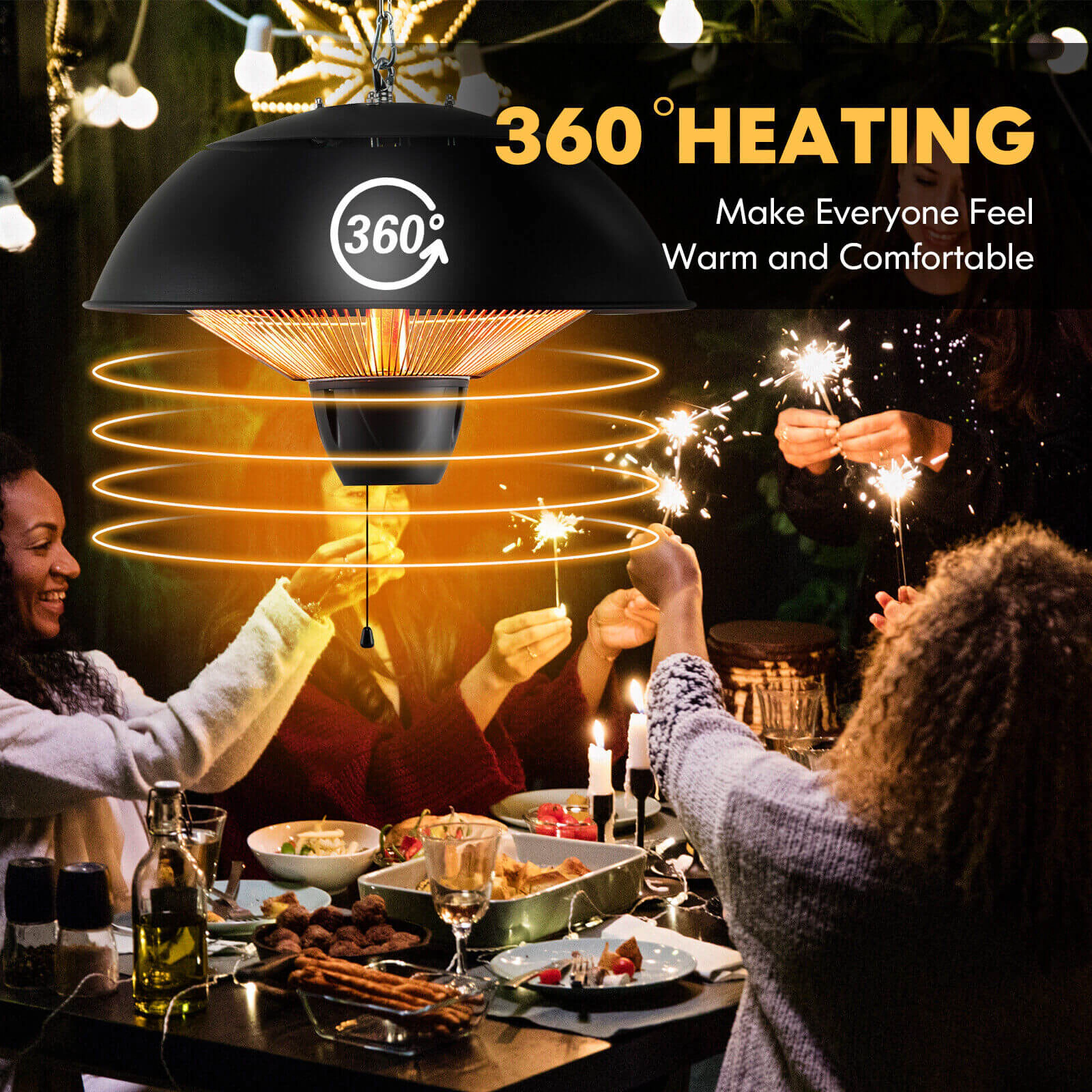 SUGIFT 1500W 120V Black Steel Hanging Electric Patio Heater with IPX4 Waterproof Halogen Tubes and Pull Chain