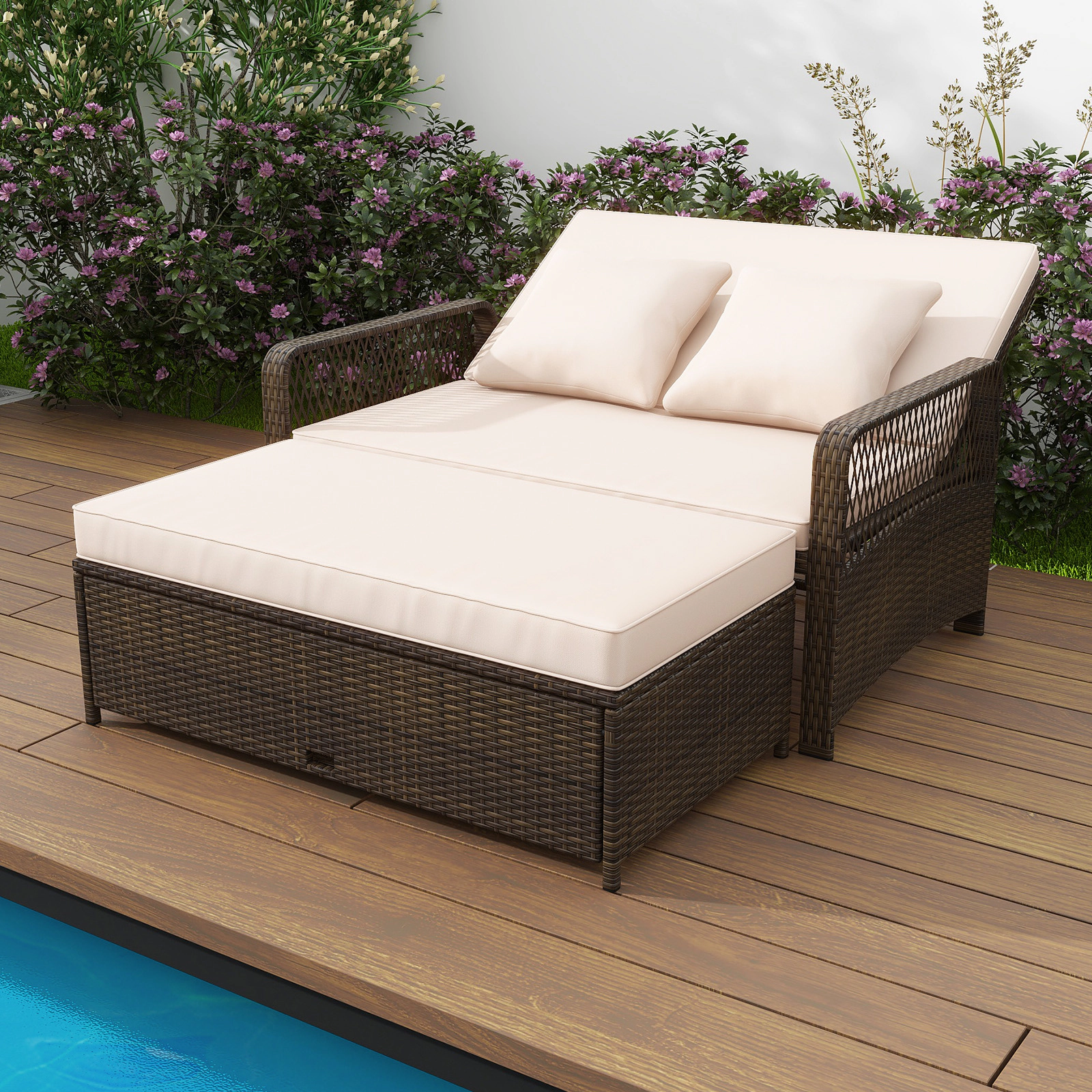 SUGIFT Beige 4-Level Backrest and Storage Ottoman Patio Adjustable Wicker Daybed