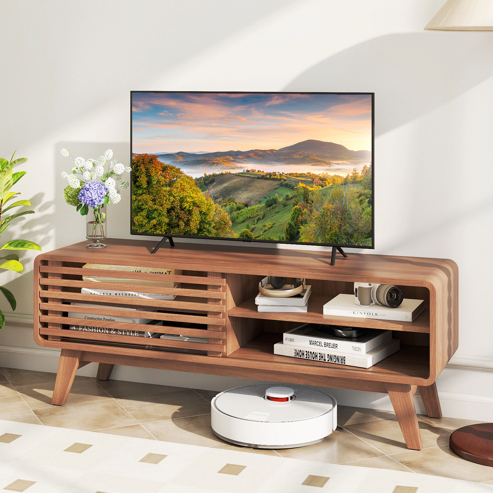SUGIFT Sliding Door TV Stand for TVs up to 55 in with Adjustable Shelves 220-lb Top Capacity Walnut