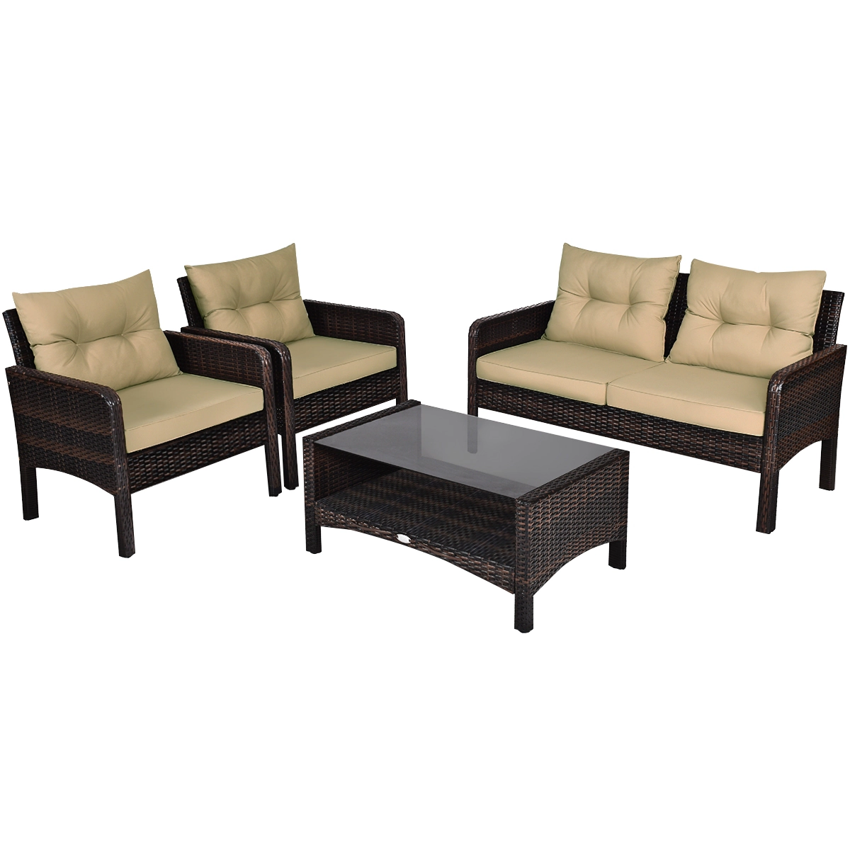 LJG 4 Pieces Outdoor Rattan Wicker Loveseat Furniture Set with Cushions
