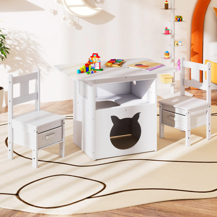 Hivvago Kids Table And Chairs Set 3 Pieces Wooden Children Furniture With Cat House