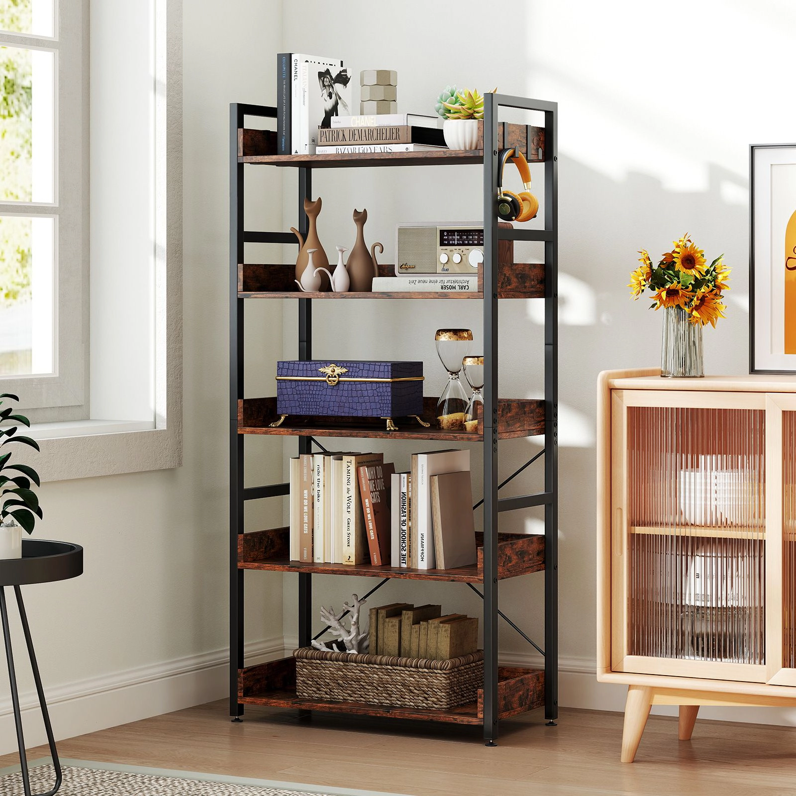 SlickBlue 5 Tier Bookshelf with Hooks and Metal Frame for Living Room Storage
