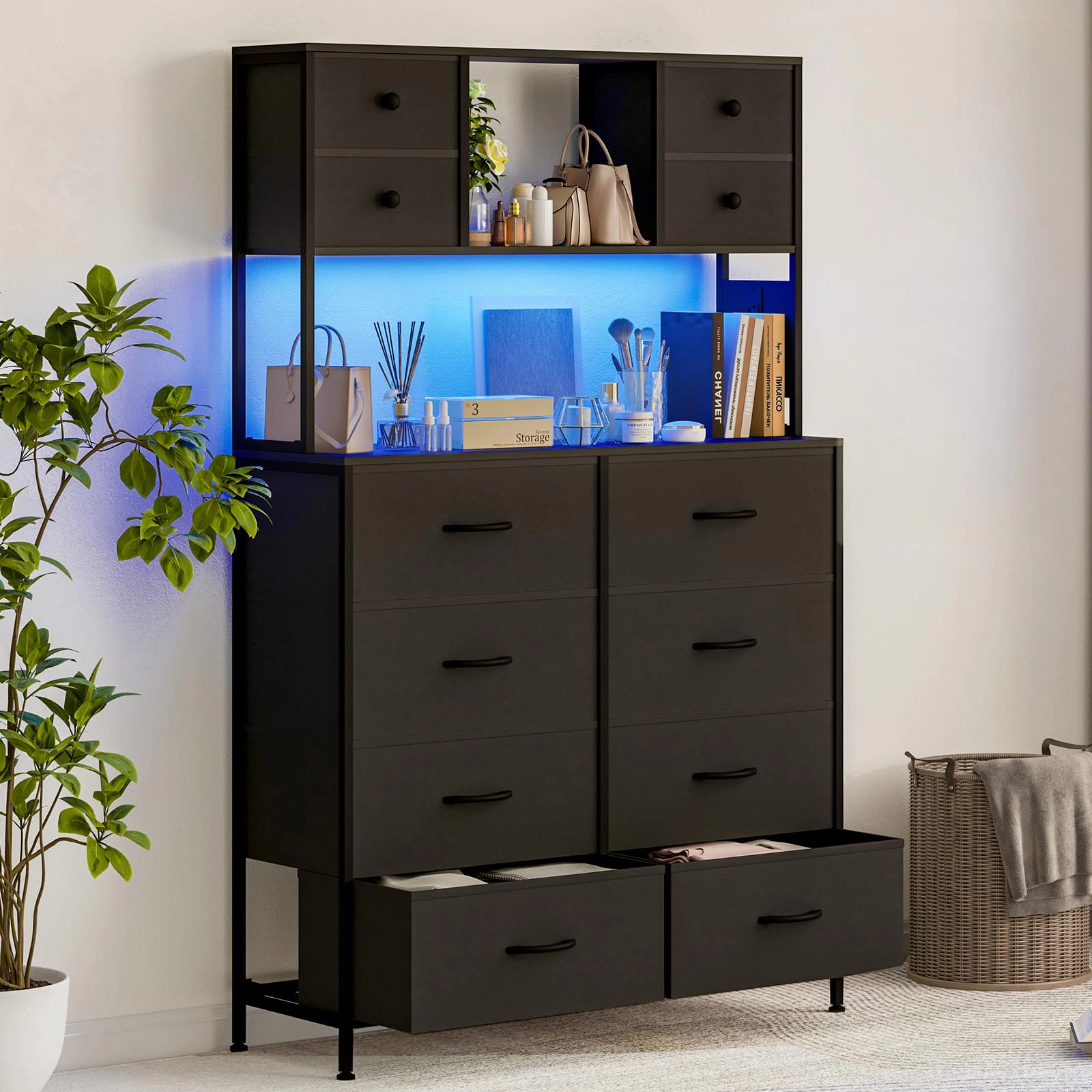12 Drawer Fabric Dresser with LED Lights, Power Outlet & Open Shelves, Wood Top Metal Frame