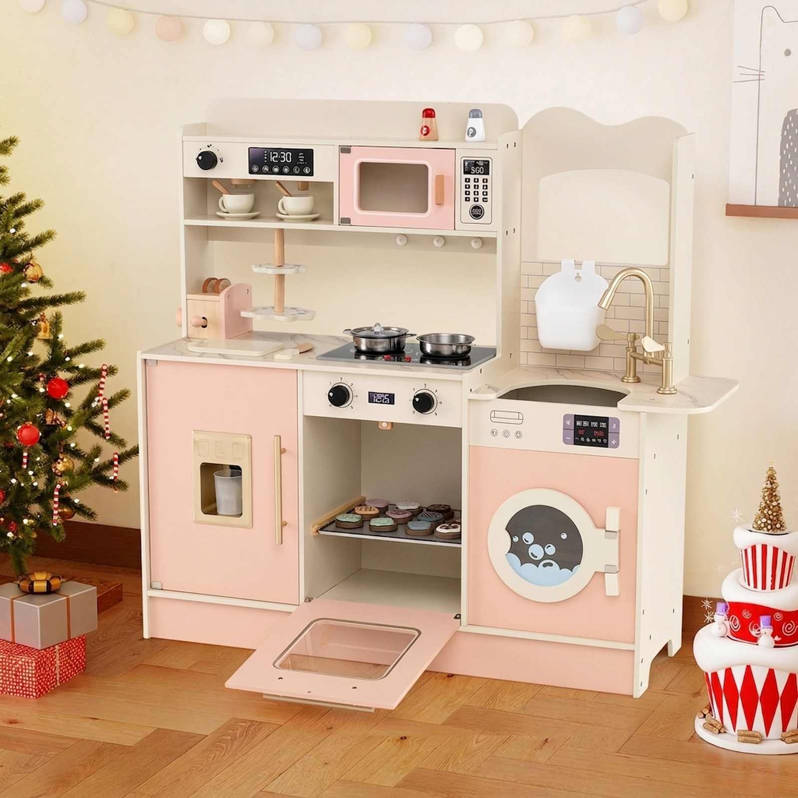 Toy Kitchen Playset Lights and Sounds 25 Accessories Dessert Rack Detachable Sink 39.5-in Kids Play Kitchen Ages 3+ Pink