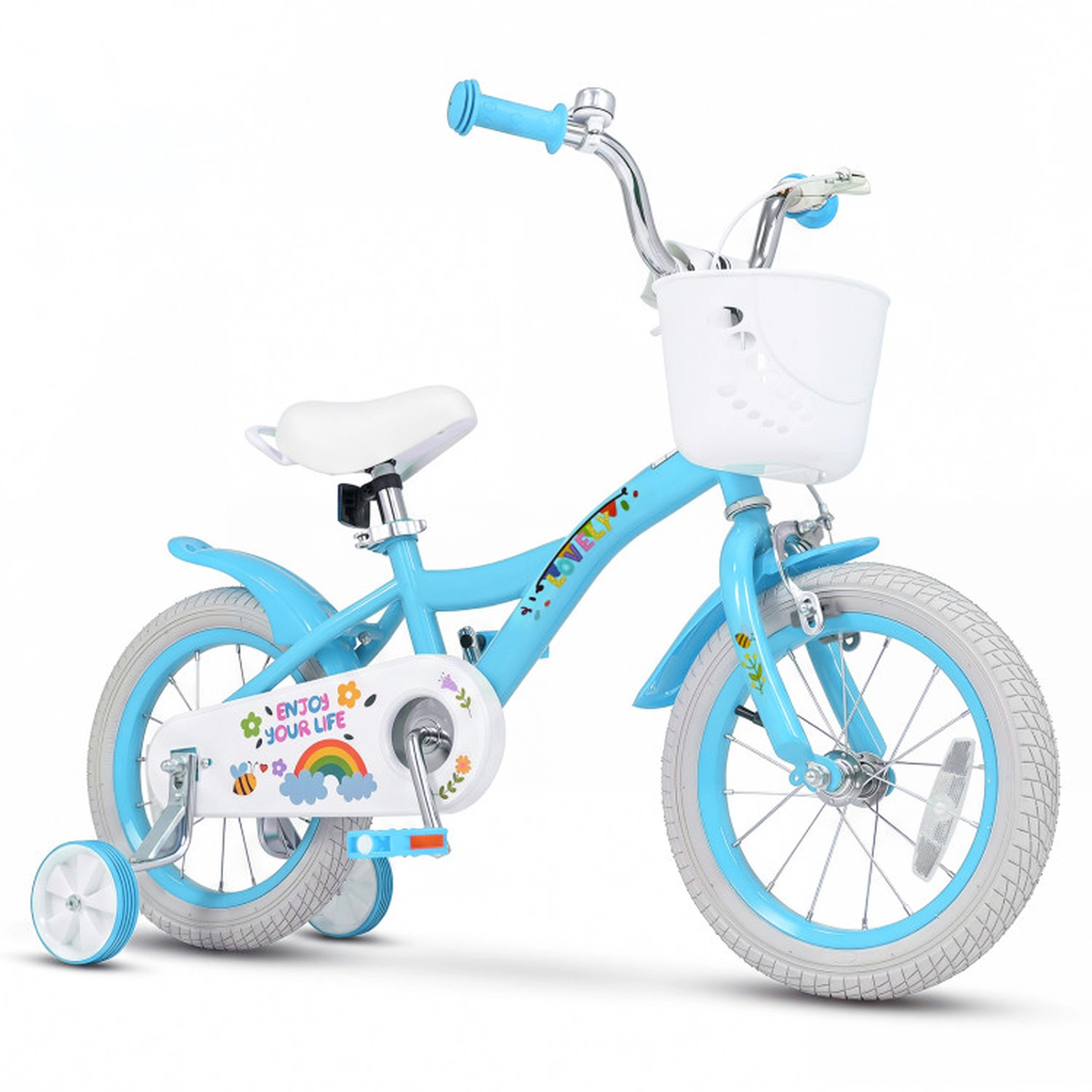 SUGIFT Adjustable 14-In Girls Bike with Training Wheels, Basket and Bell 110-lb Seat Capacity Ages 3-5 Blue