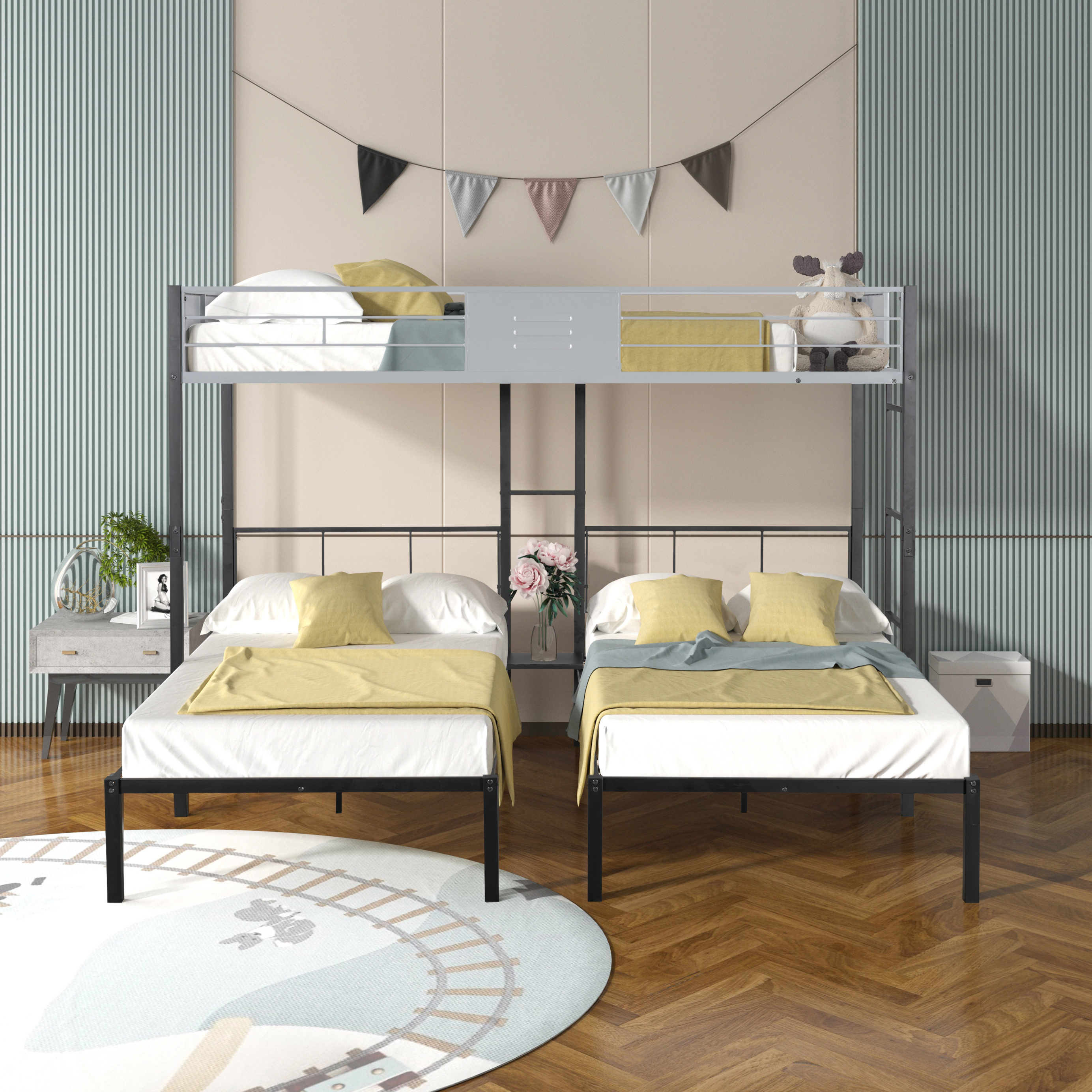 Flynama Triple Bunk Bed, Sturdy Metal Frame, Separates into Three Beds, No Box Spring