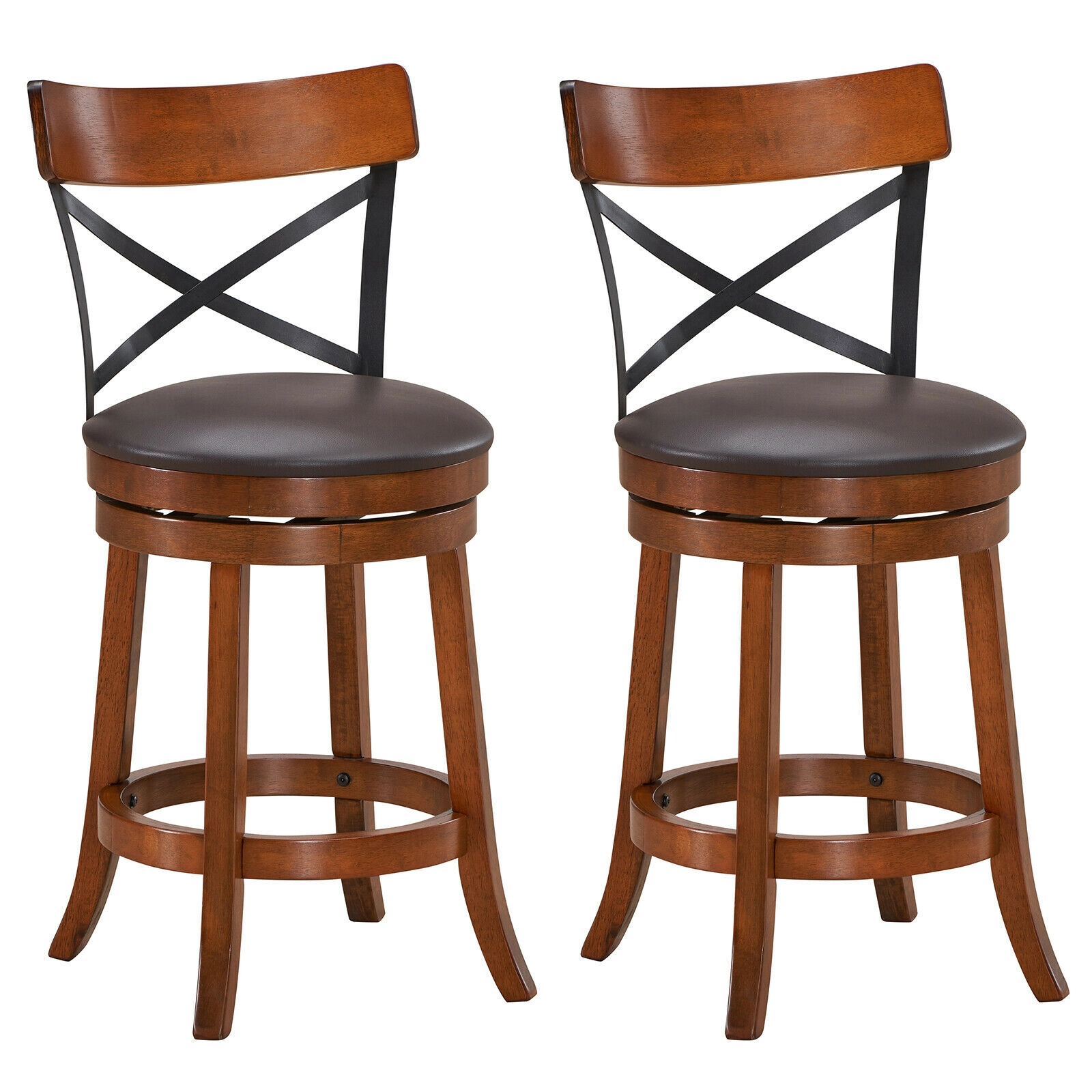 SUGIFT Set of 2 Walnut Counter-Height Swivel Bar Stools with Padded Seats