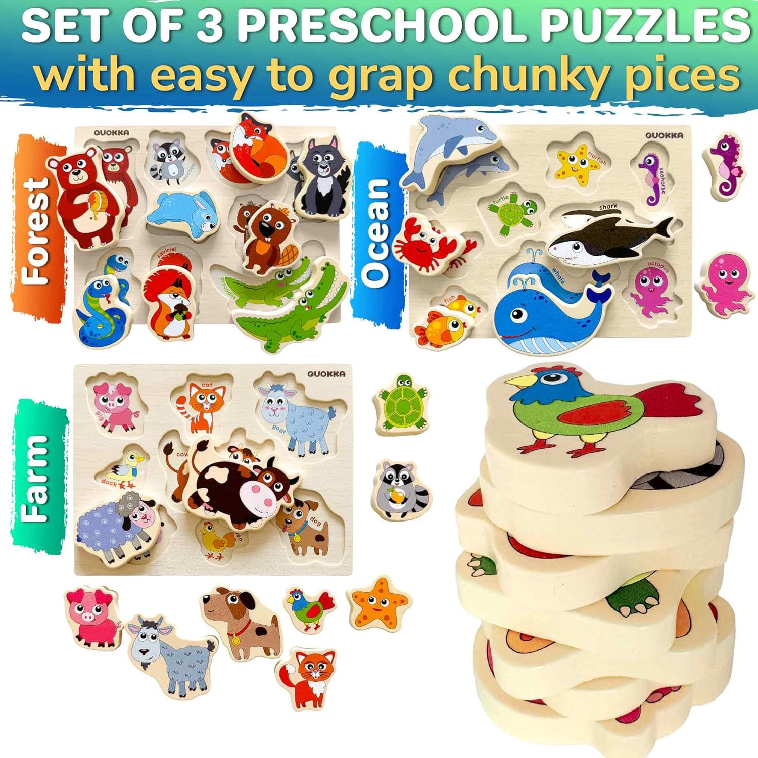 QUOKKA Wooden Chunky Puzzle Set for Toddlers Ages 1–4, Animal, Alphabet, Number, Fruit, Shape Puzzles
