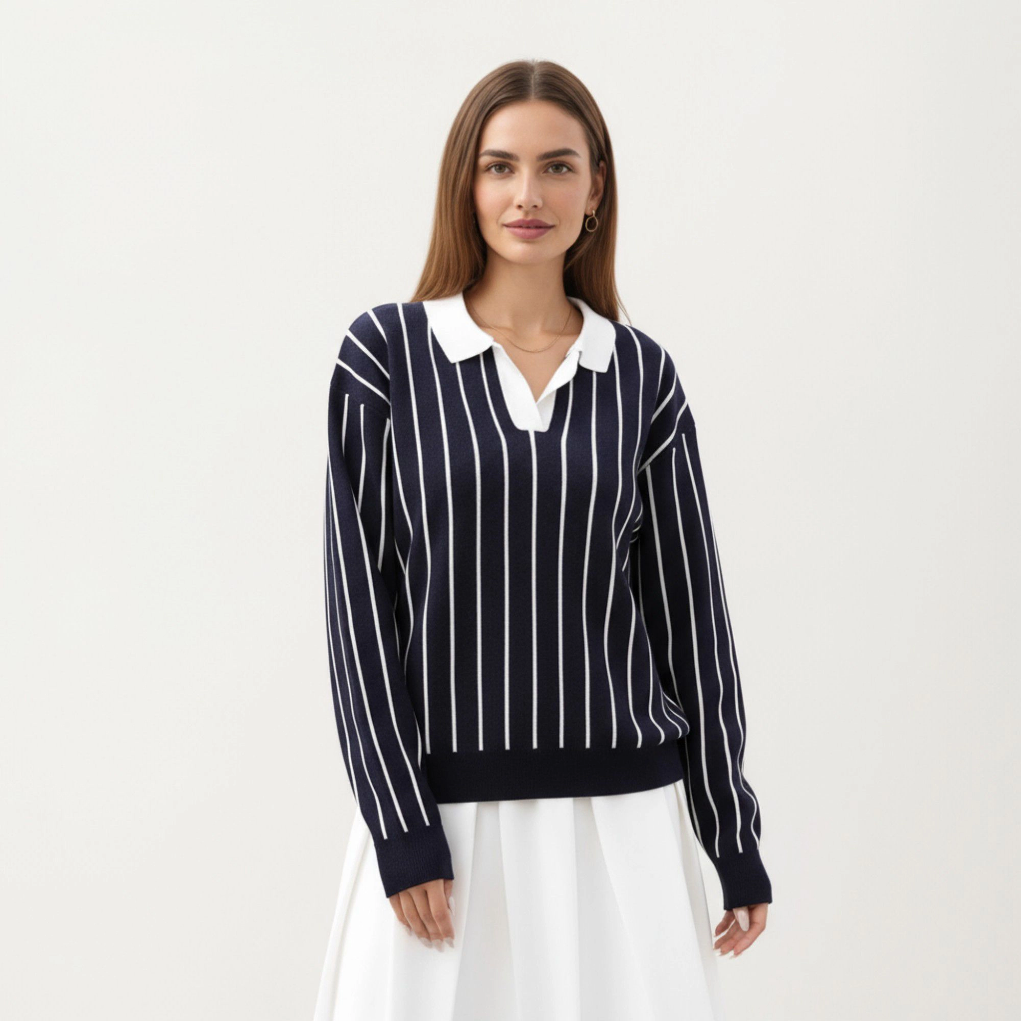 Anna-Kaci Women's Vertical Stripe Knit Collared Sweater with V-Neck Long Sleeves
