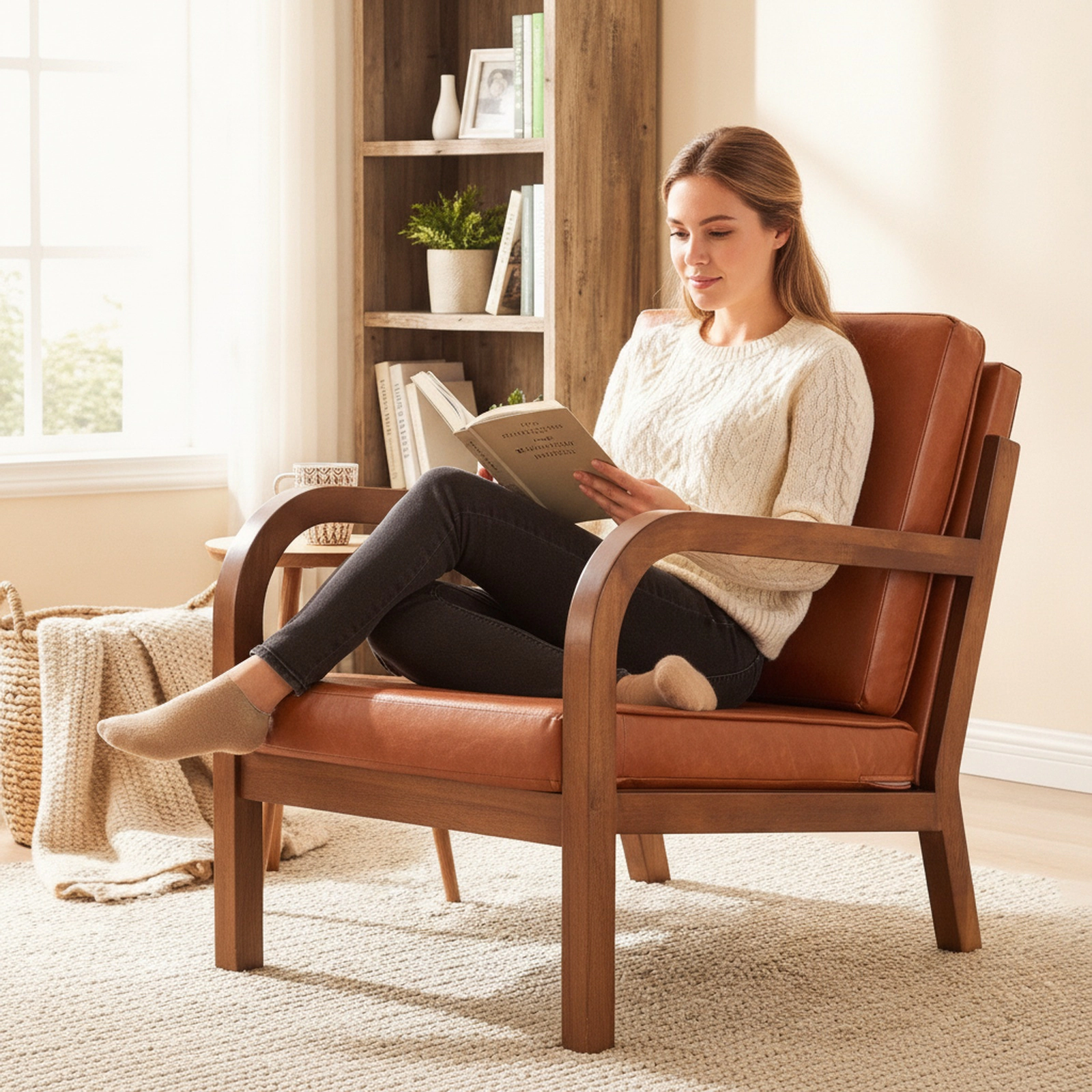 Modern Accent Chair Faux Leather and Linen Upholstered Armchair with Removable Lumbar Pillow Rubber Wood Frame Brown