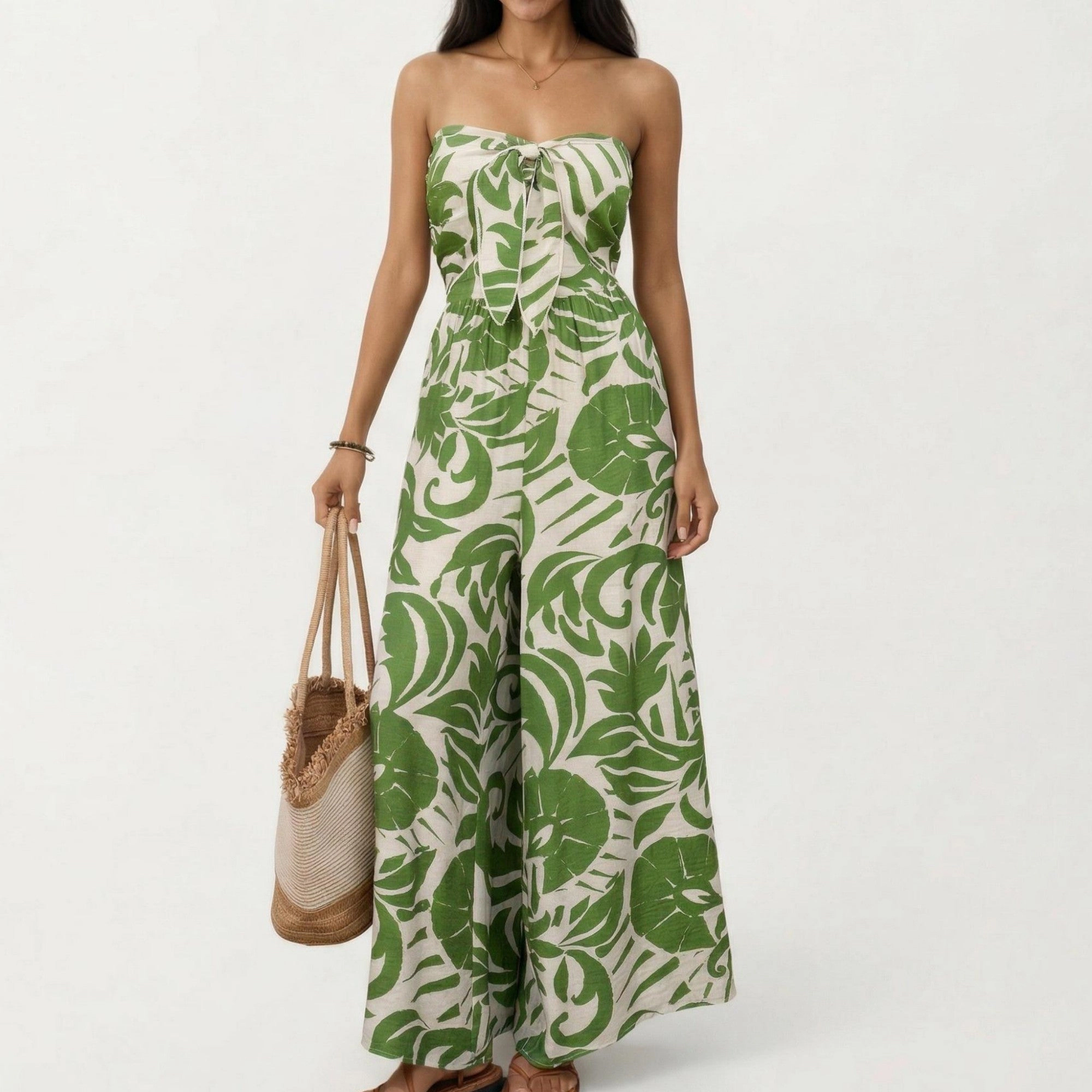 Anna-Kaci Womens Strapless Tropical Print Wide Leg Jumpsuit with Front Tie