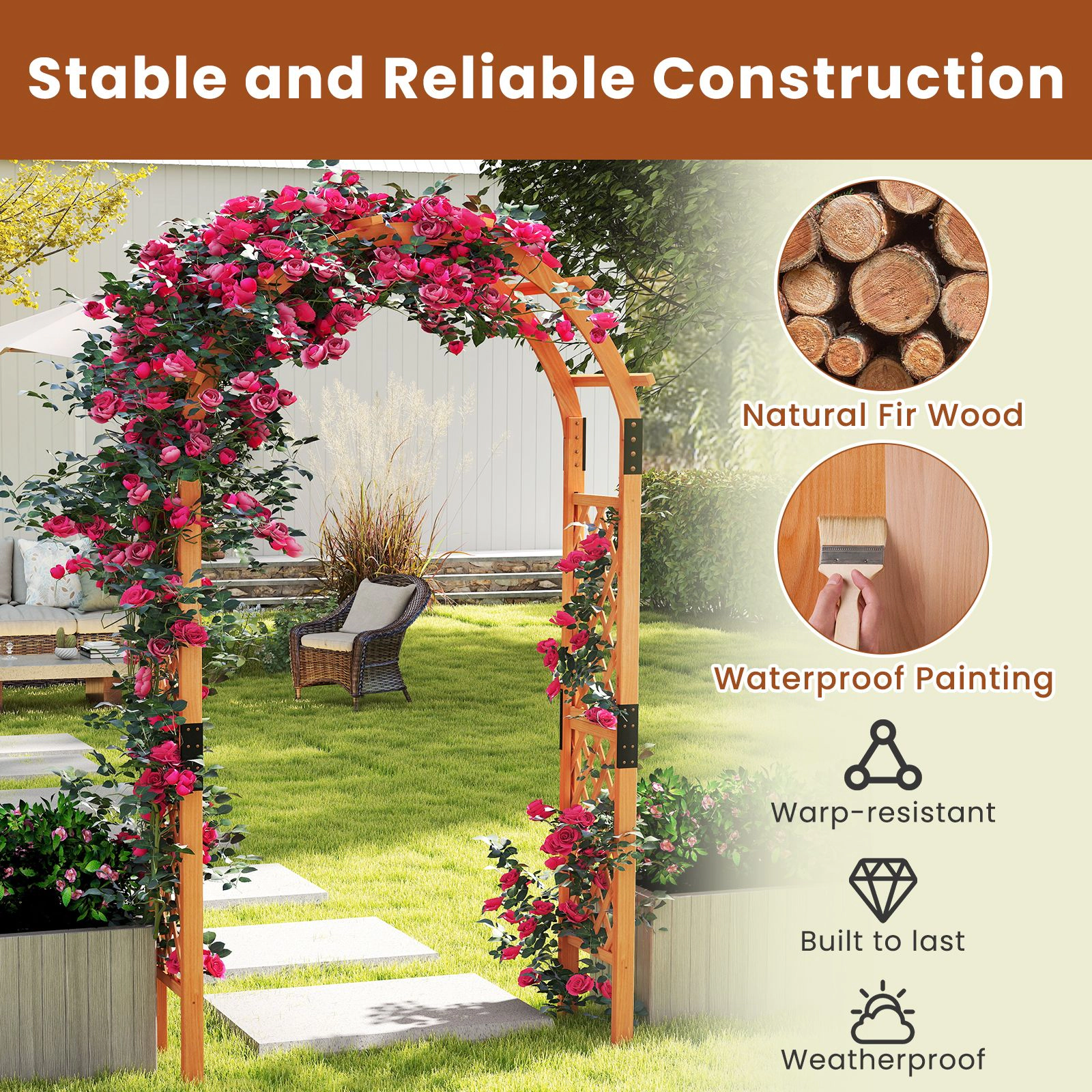 Slickblue 7FT Wooden Garden Arch Arbor with Trellis Design