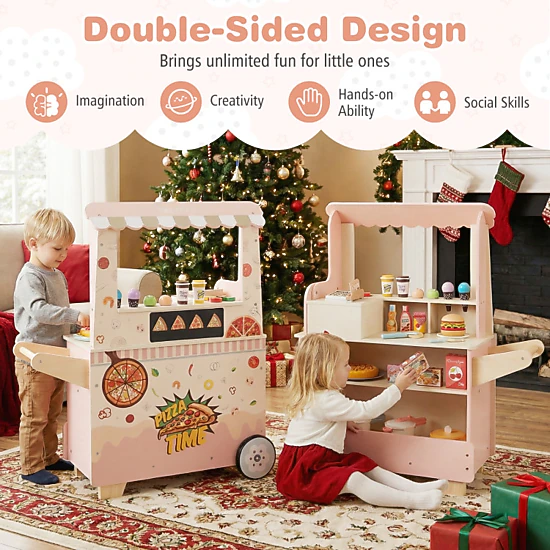 Hivvago Kids Pizza Food Truck Wooden Pretend Play Snack Cart With Oven