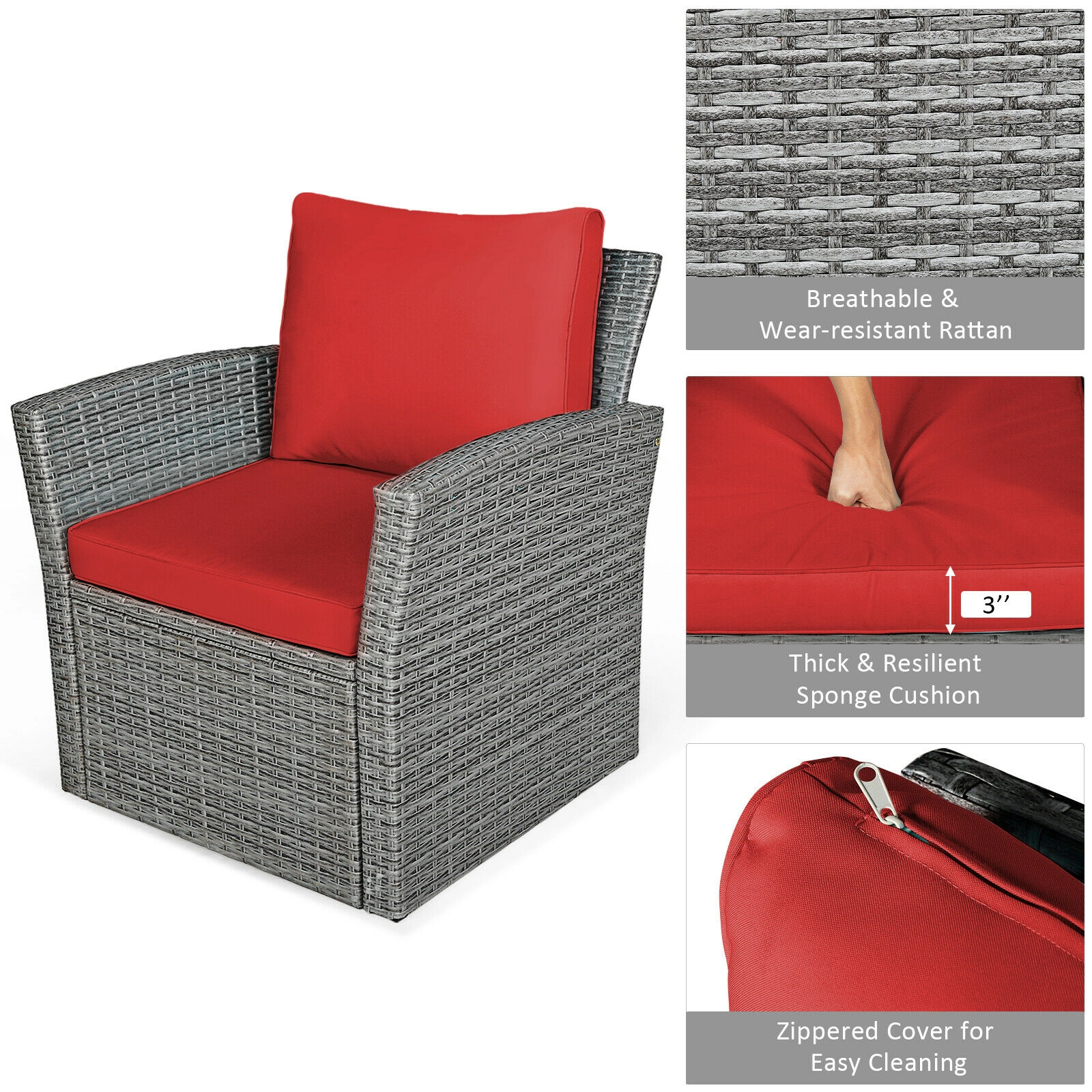 SUGIFT 4-Piece 800-lb Capacity Red Cushioned Rattan Outdoor Patio Sofa Set with Loveseat and Storage Table