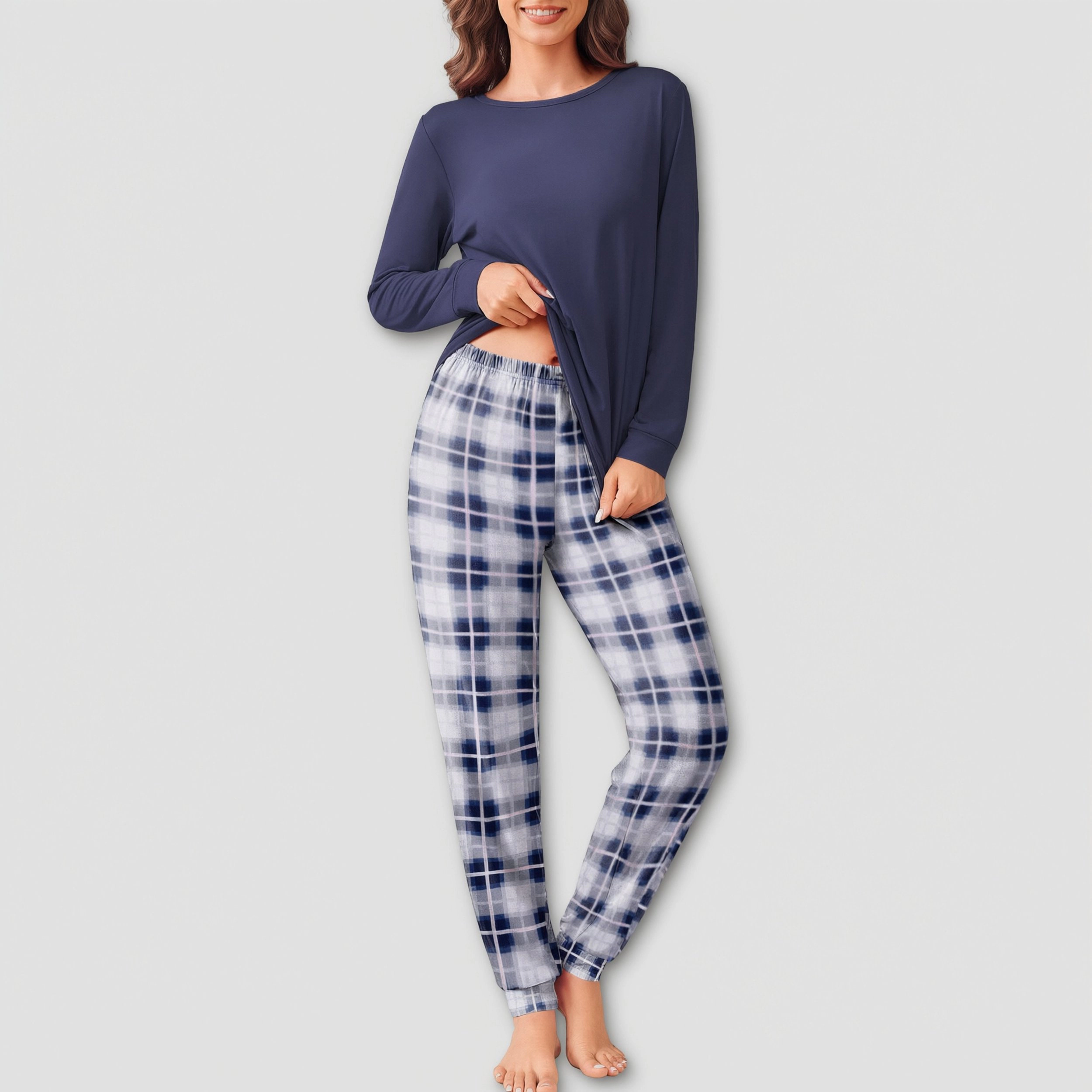 Ekouaer Pajama Sets Two Piece Plaid Pajamas Long Sleeve Lounge Gingham Nightwear with Pockets
