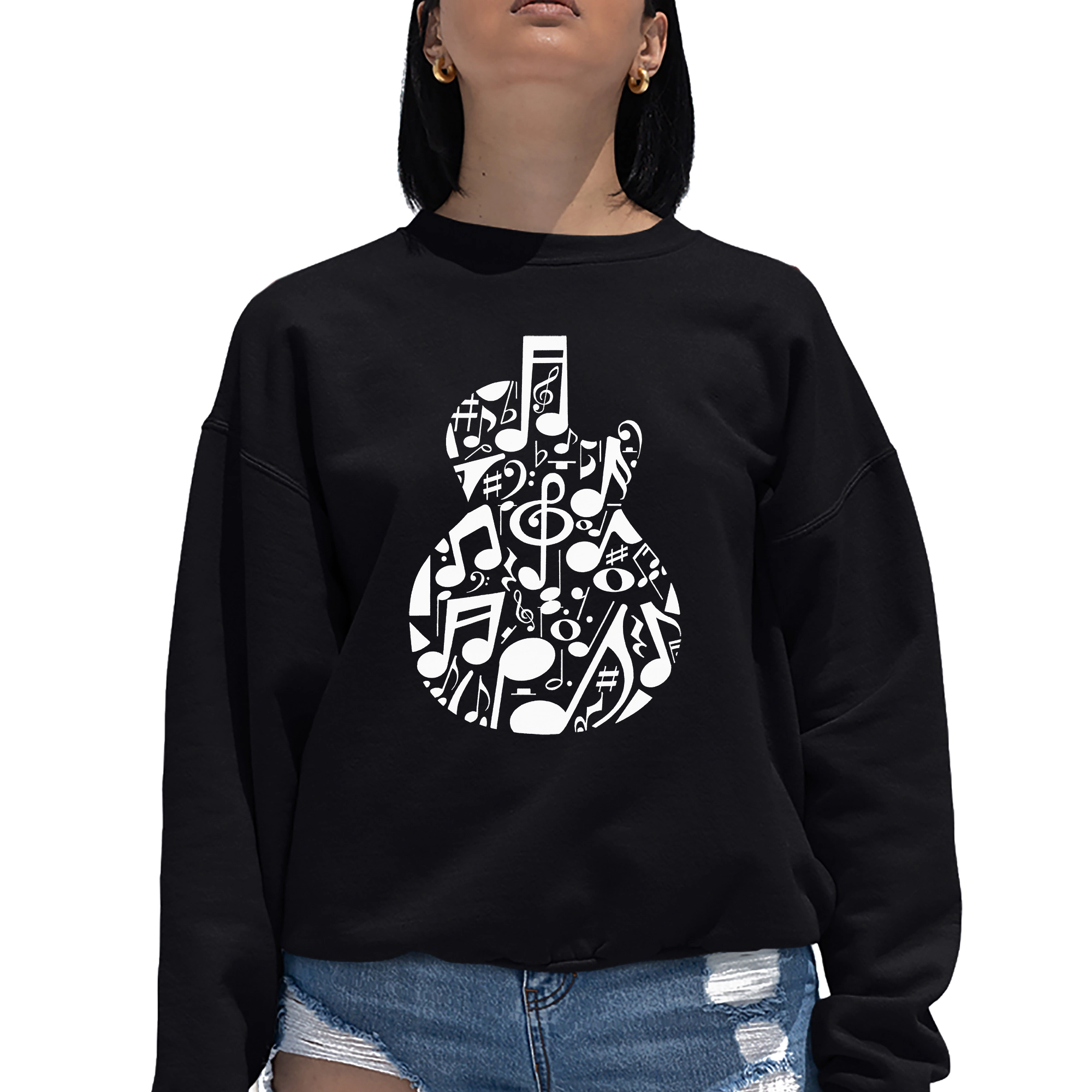 LA Pop Art Music Notes Guitar - Women's Word Crewneck Sweatshirt