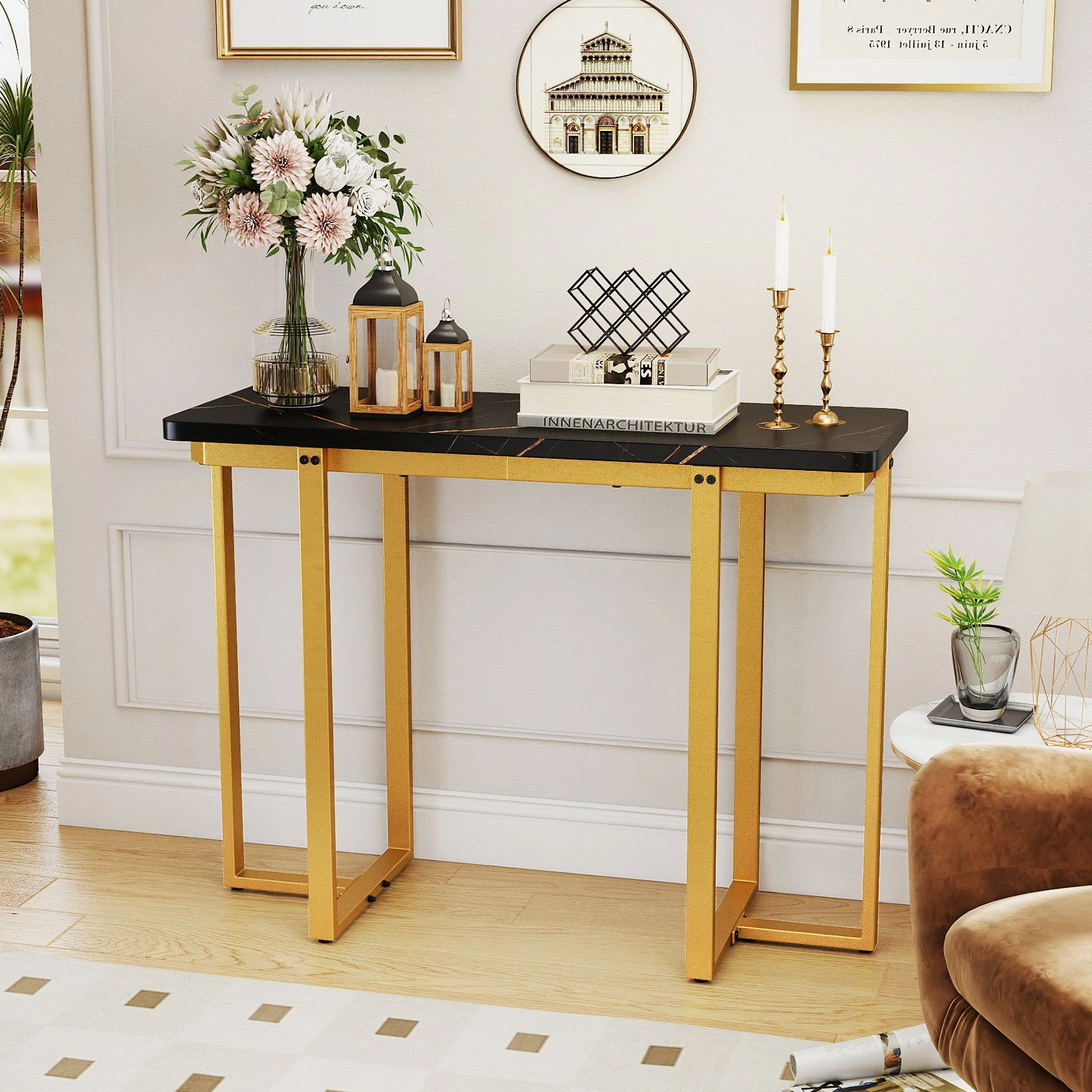 SlickBlue Entryway Console Table with Gold Metal Base Design