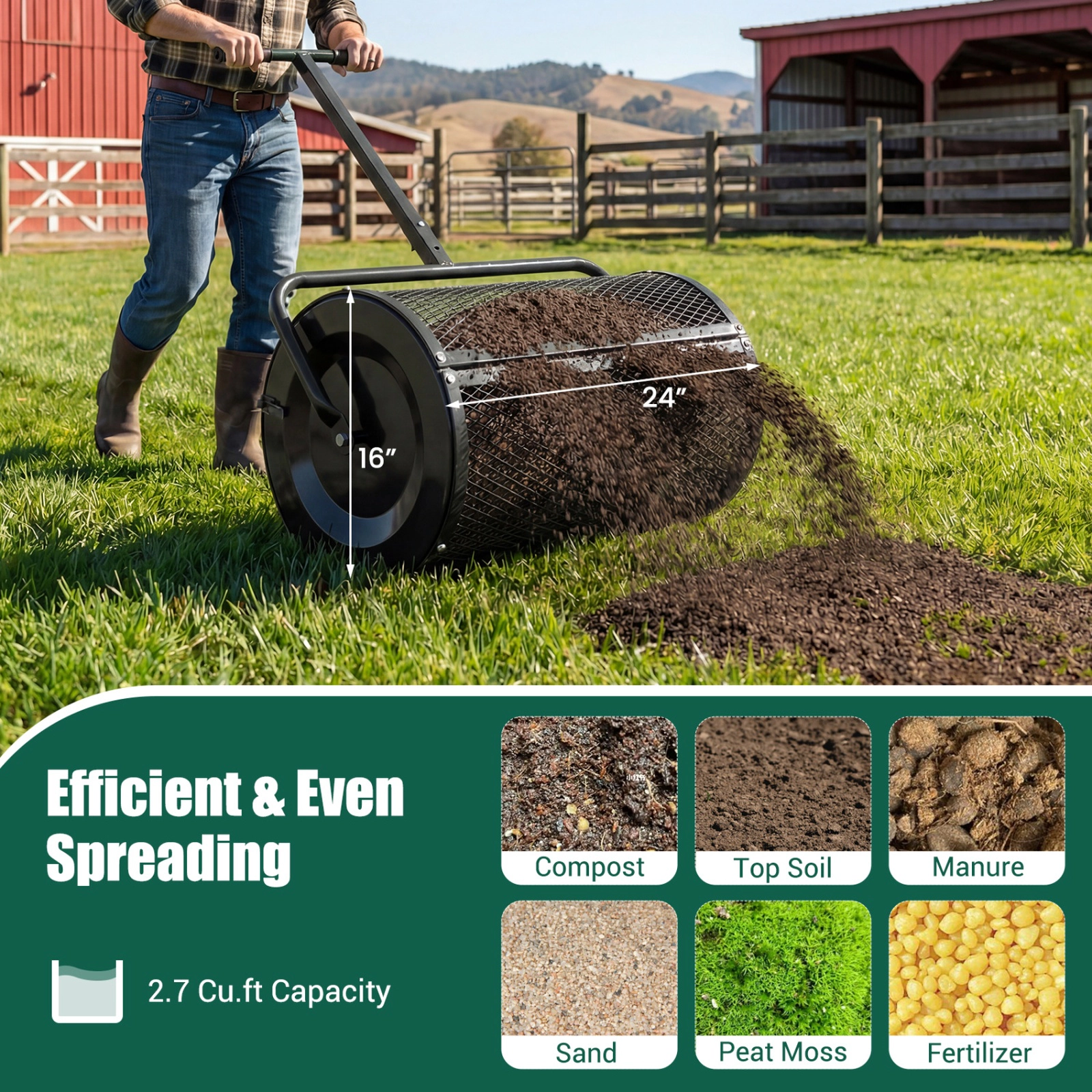 SUGIFT 24-in 2.7-cu ft Compost Spreader Peat Moss Roller with Height Adjustable T-Shape Handle