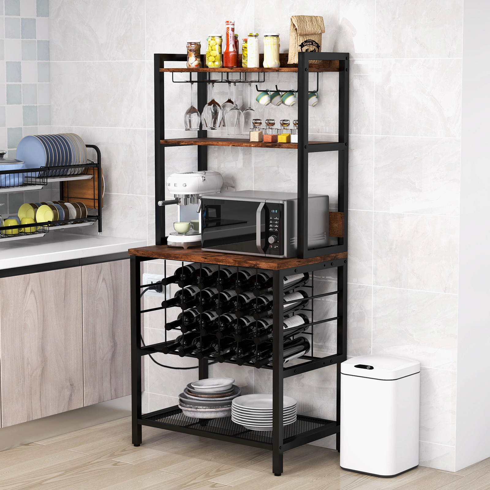 SUGIFT Brown 4 Tier Wine Cabinet Bar with Glass Holders and Power Outlets 30-in W 19-in D 64-in H 175-lb Counter