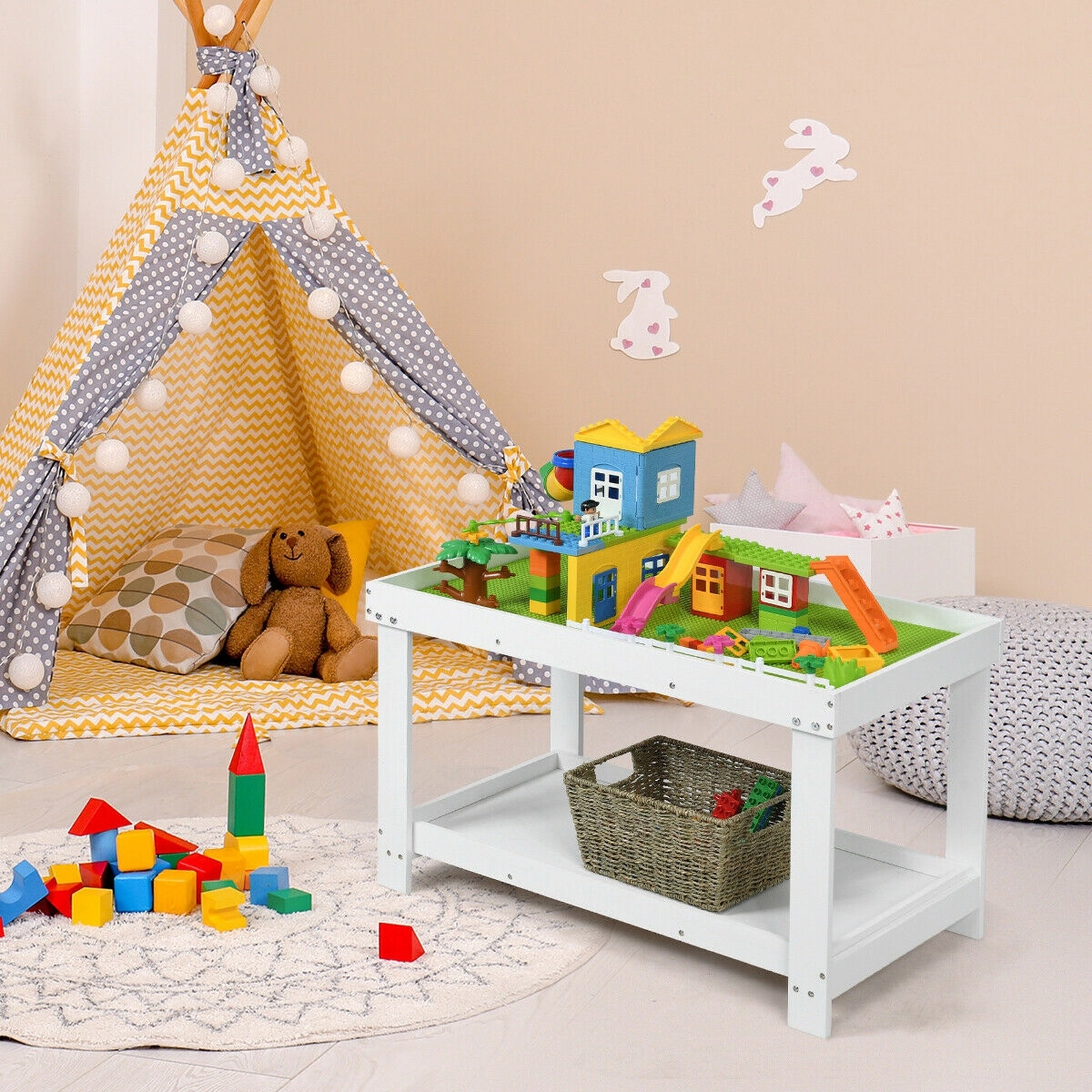 SUGIFT Kids Activity Table, White Solid Pine, 32.5 x 17 in, Removable Shelf