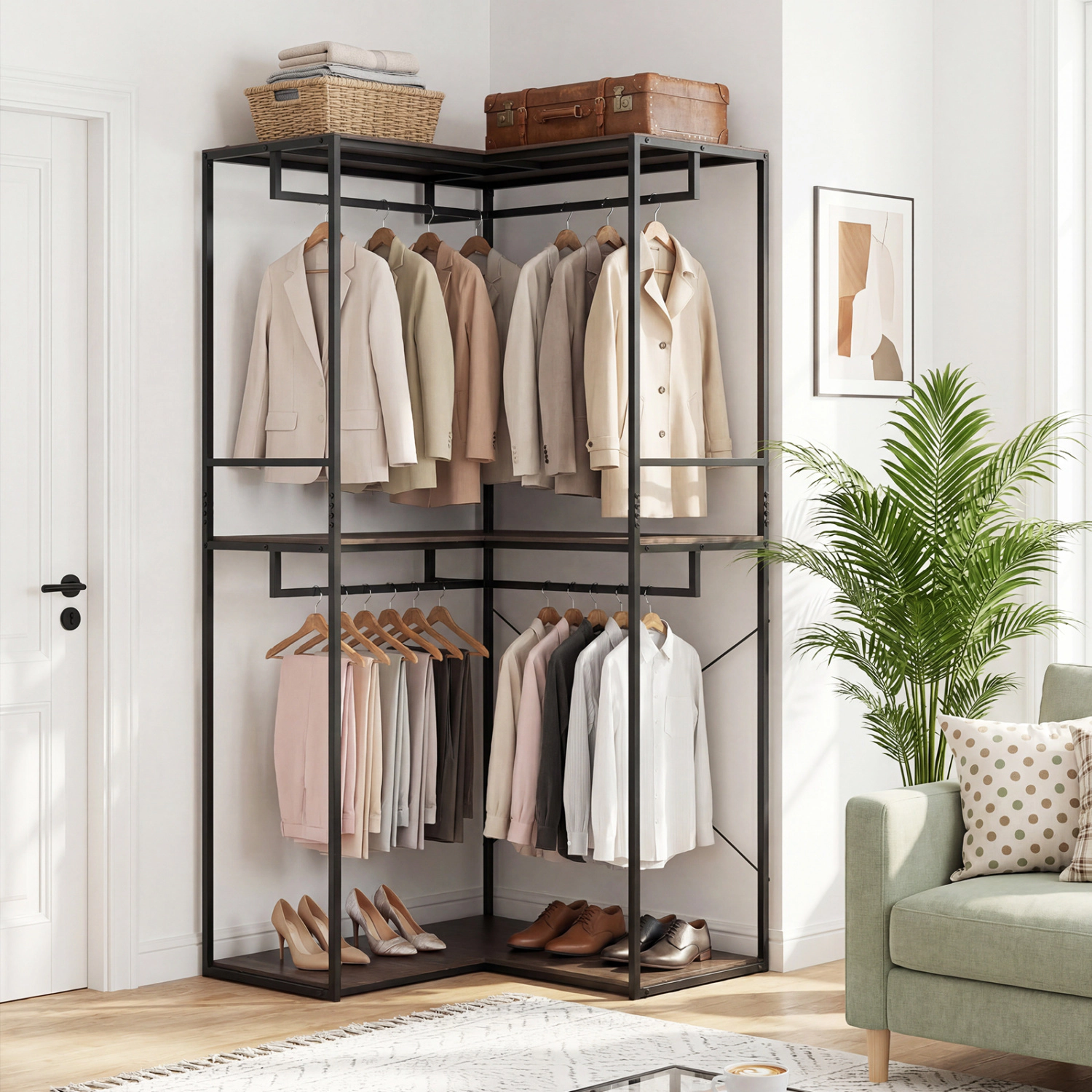 SUGIFT 3-Tier 79-in 375-lb Capacity Black Brown Heavy Duty Clothes Rack with 3 Shelves and 2 Hanging Racks