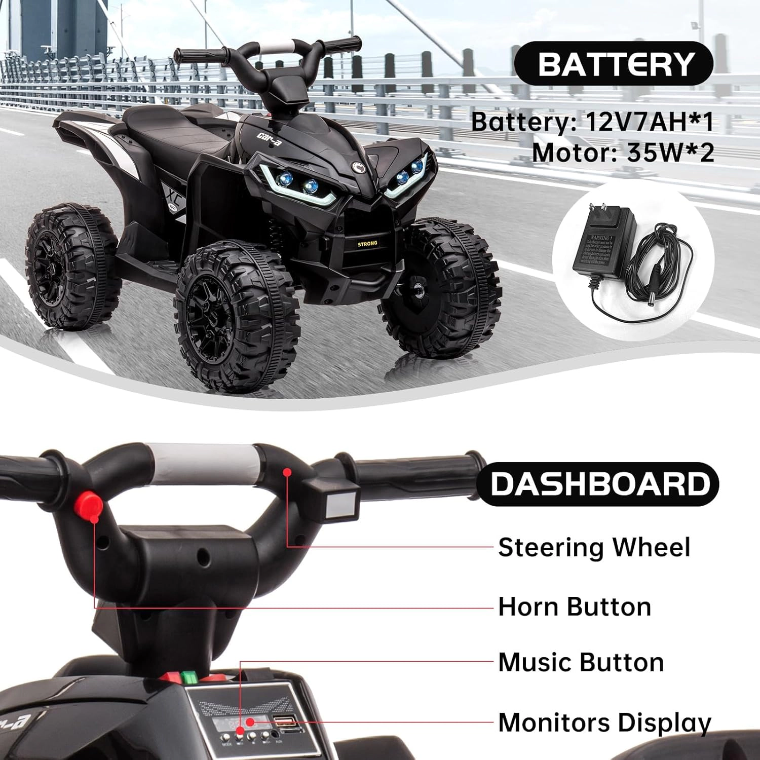 12V Kids Electric ATV Quad, 4-Wheel Ride On Car w/Parent Remote, Dual Drive, High/Low Speeds & Music