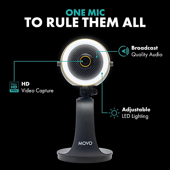 Movo WebMic HD Pro All-in-One Webcam with Microphone and Ring Light- 1080p HD Camera, Pro Cardioid Condenser