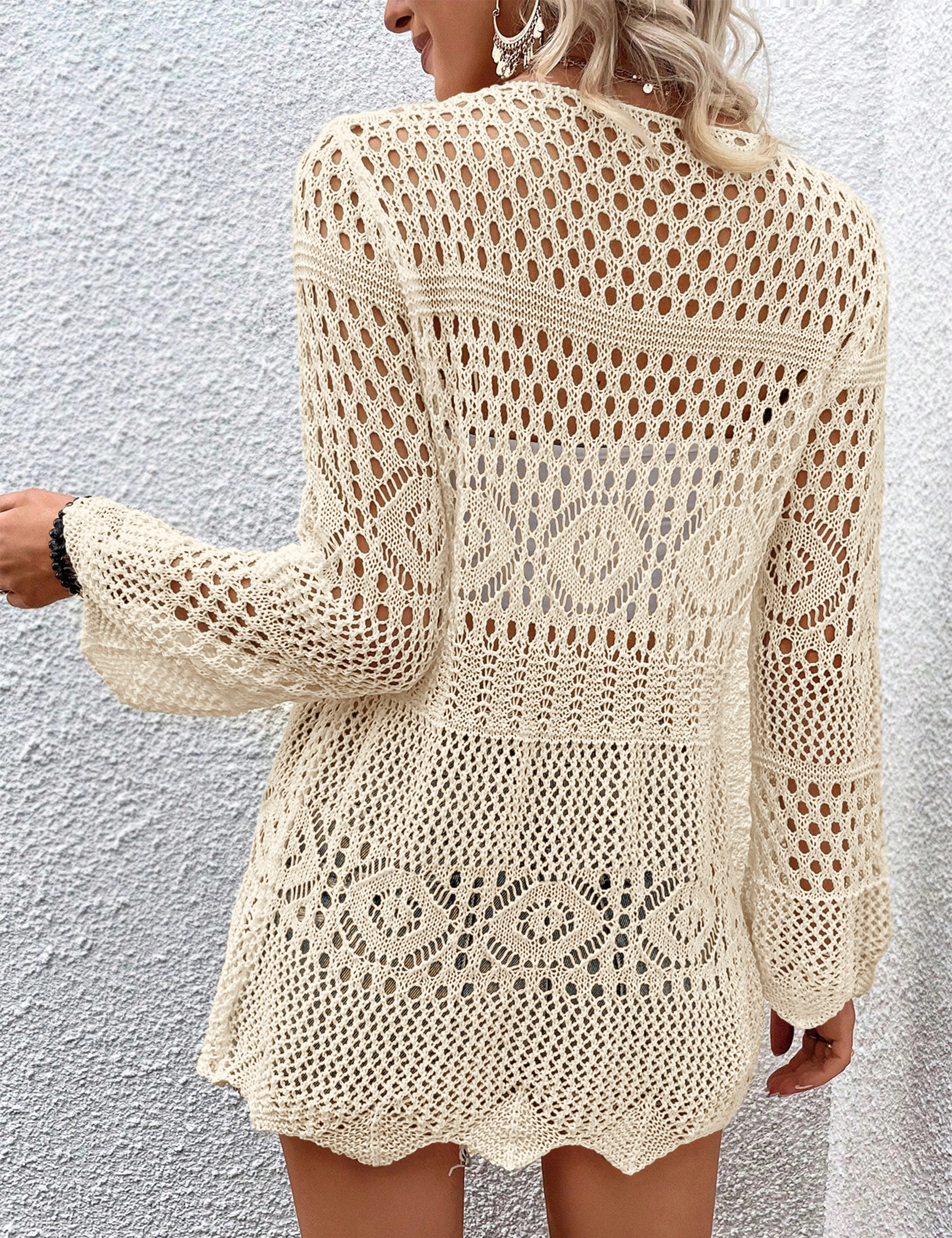 KOJOOIN Women's Crochet Knit Cardigan Lightweight Hollow Openwork Beach Cover Up Boho Sweater