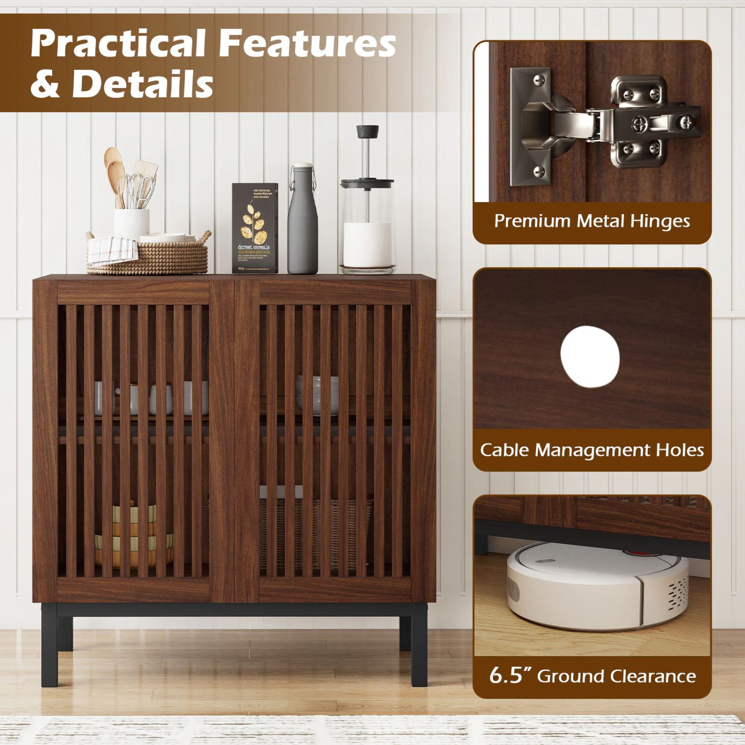 Glintex 32-Inch Coffee Bar Sideboard with Grille-Striped Doors, Walnut + Black