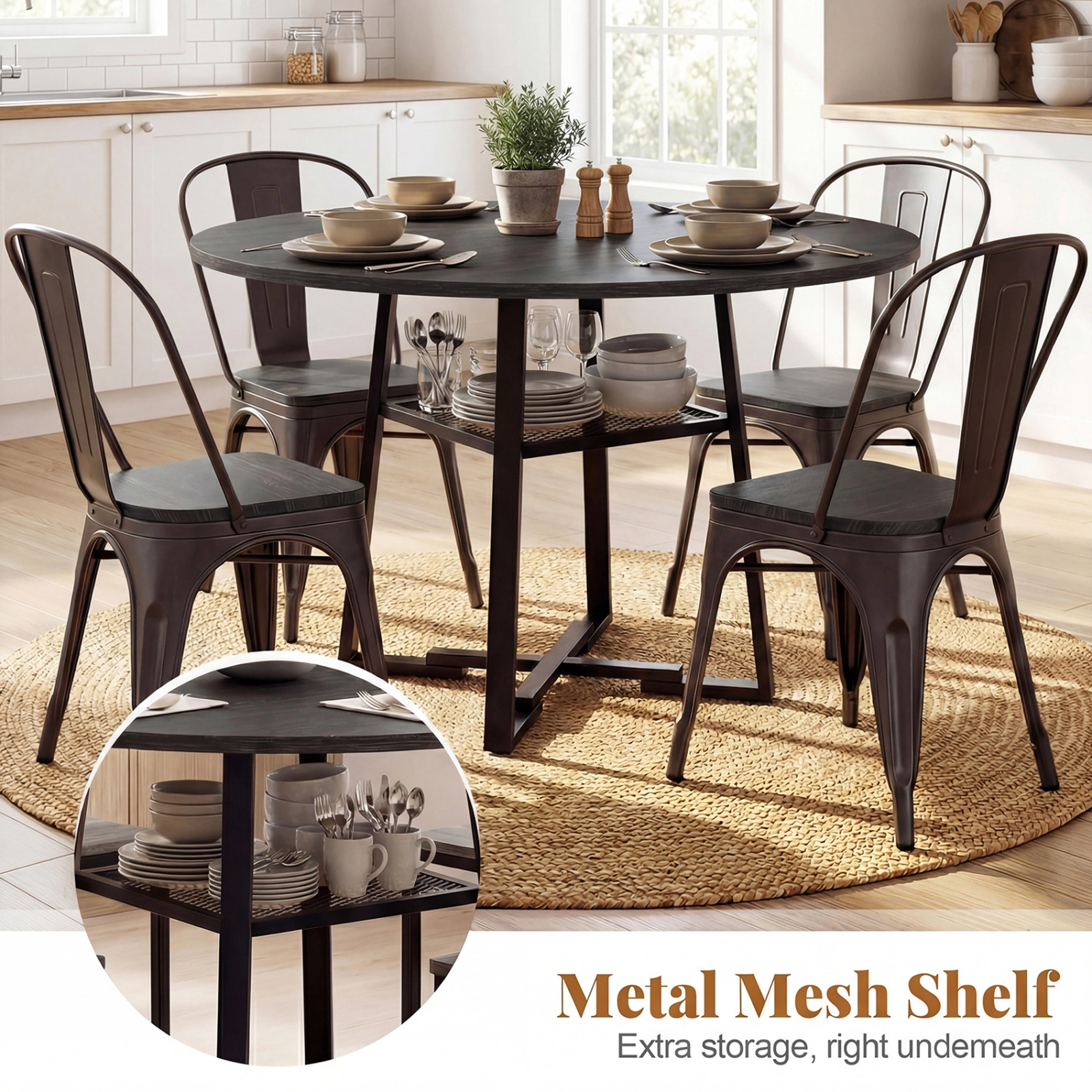 SUGIFT 47.5-Inch Round Dining Table with Mesh Shelf, Black, Seats 4 to 6