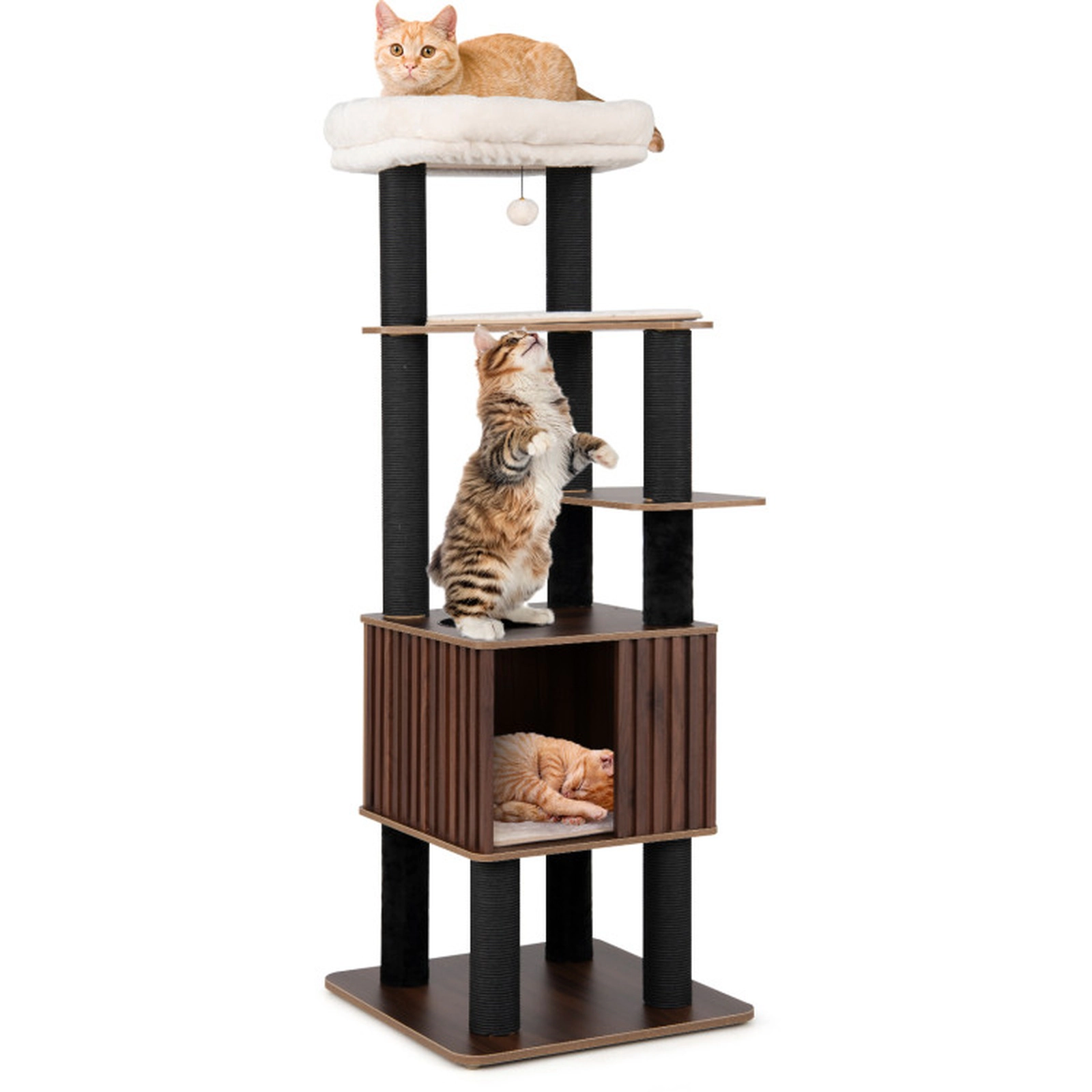 SUGIFT 64 in Wooden Cat Tower Brown 6-Level Cat Tree with Padded Top Perch and Condo