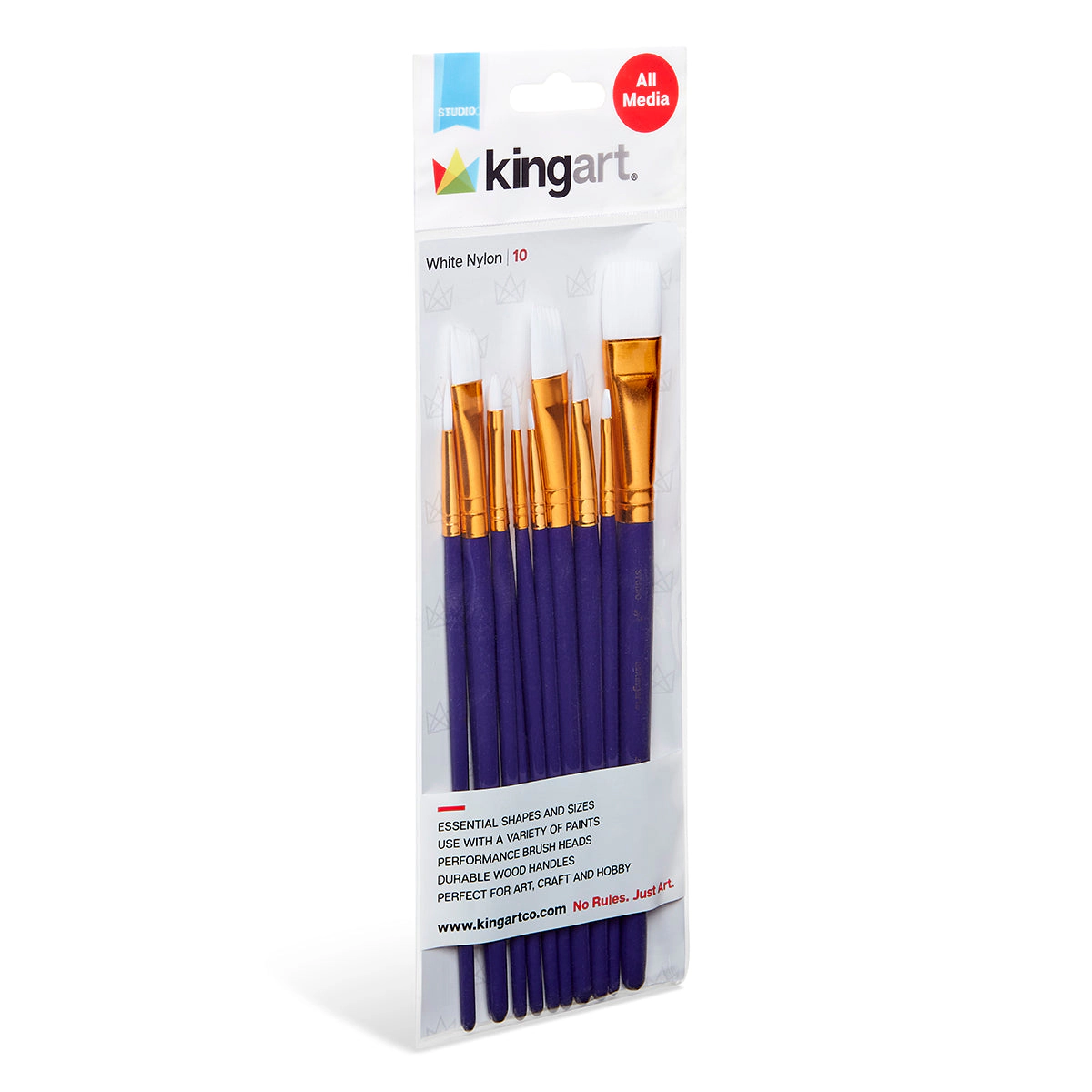 KINGART Studio White Nylon Brush Set - 10 pc Acrylic Watercolor Gouache Oil