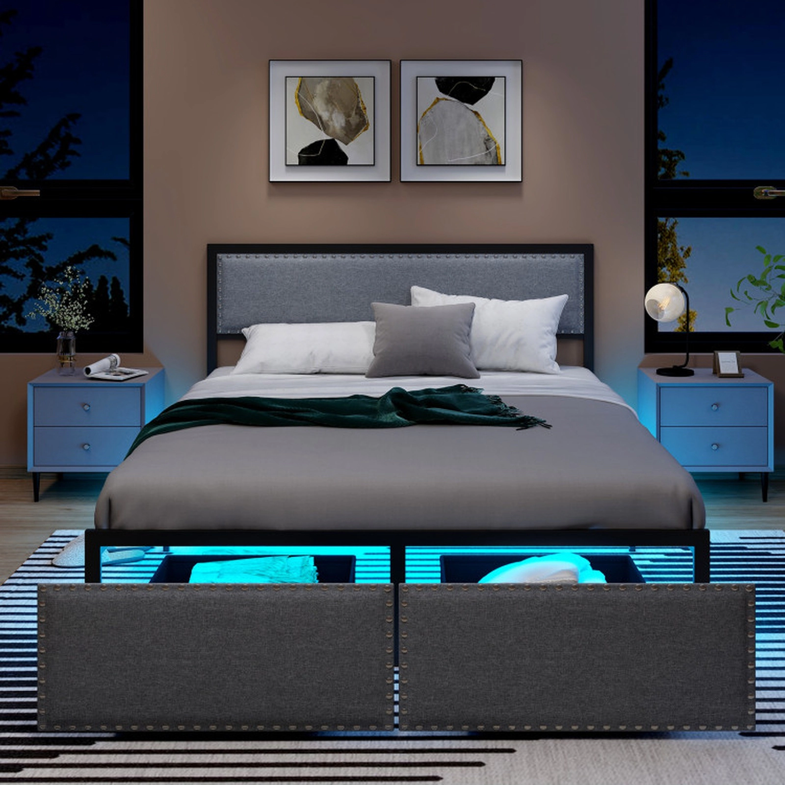 SUGIFT Gray LED Lights Storage Drawer and Metal Slats Queen Size Upholstered Bed Frame