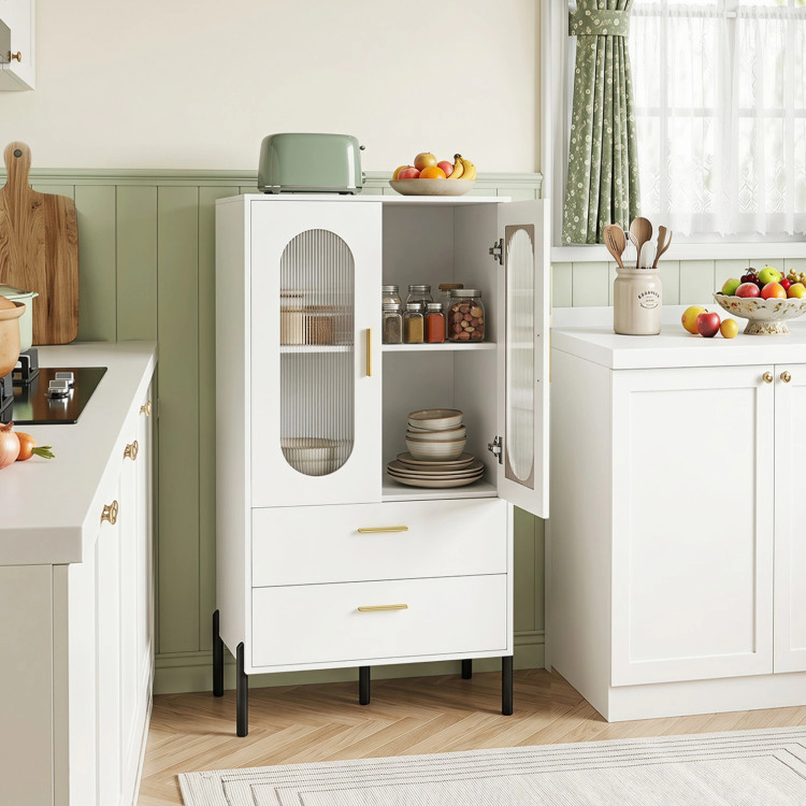 SUGIFT Modern Fluted-Door Sideboard Buffet Cabinet with Drawers and Shelves 47-in Tall 66-lb Top Capacity White