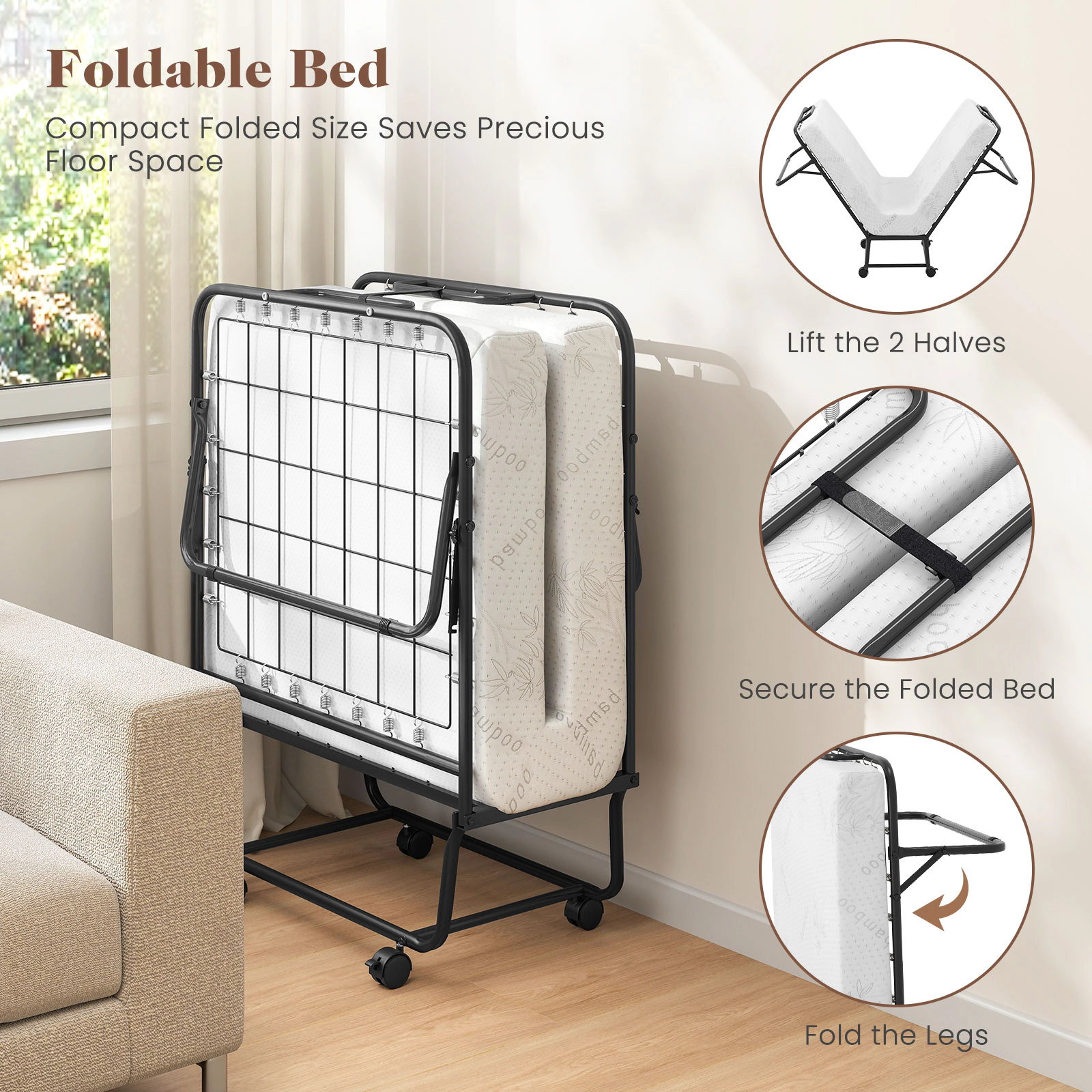 SUGIFT Cot Size Folding Guest Bed with 4 Inch Memory Foam Mattress and Metal Frame