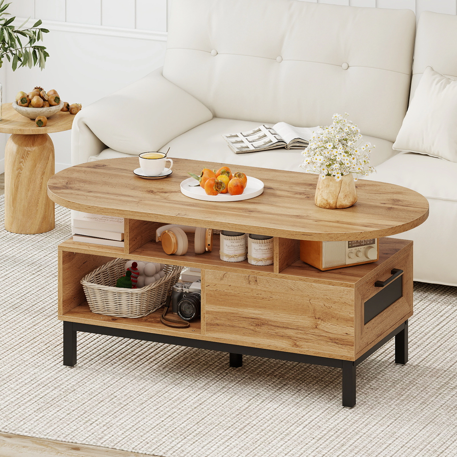 SUGIFT 47-in 110-lb Capacity Oval Wood Grain Coffee Table with Metal Slide Drawer and Open Compartments