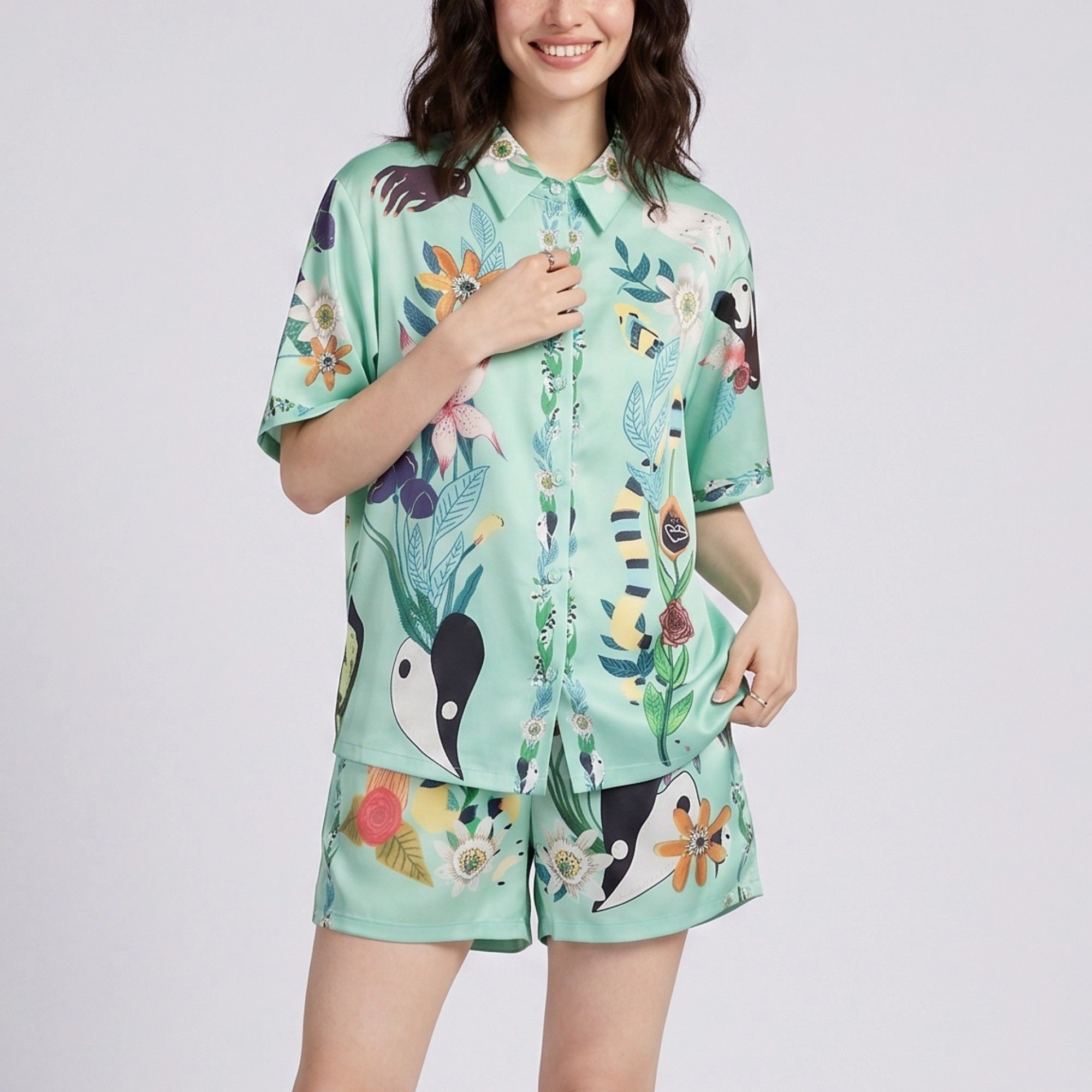 Anna-Kaci Women's 2-Piece Botanical Short Pajama Set with Button Front Top and Matching Shorts