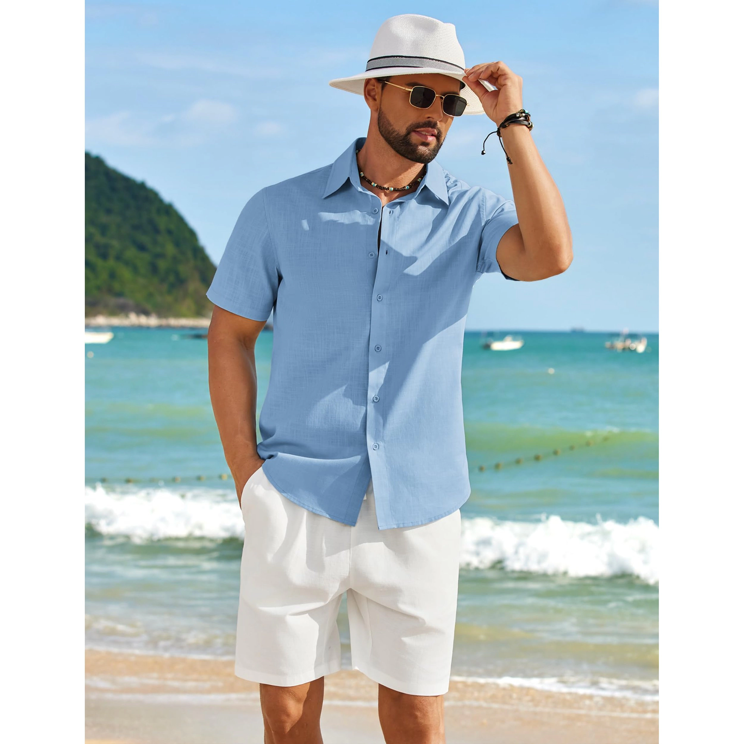 COOFANDY Mens Short Sleeve Button Down Shirts  Lapel V Neck Casual Loose Tops