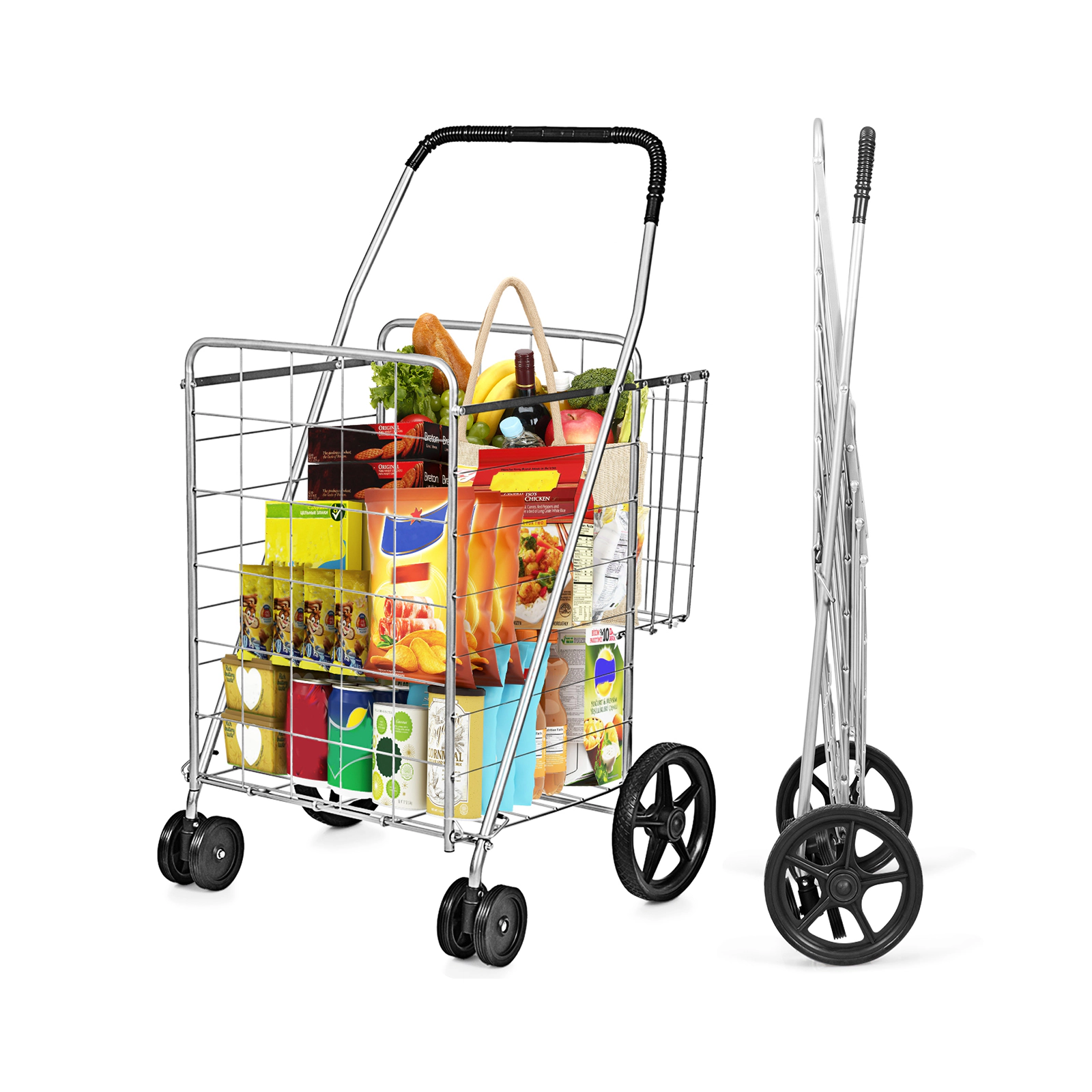 SUGIFT Folding Iron Shopping Cart for Laundry and Groceries with Swiveling Wheels 88-lb Capacity 40-in Tall Black