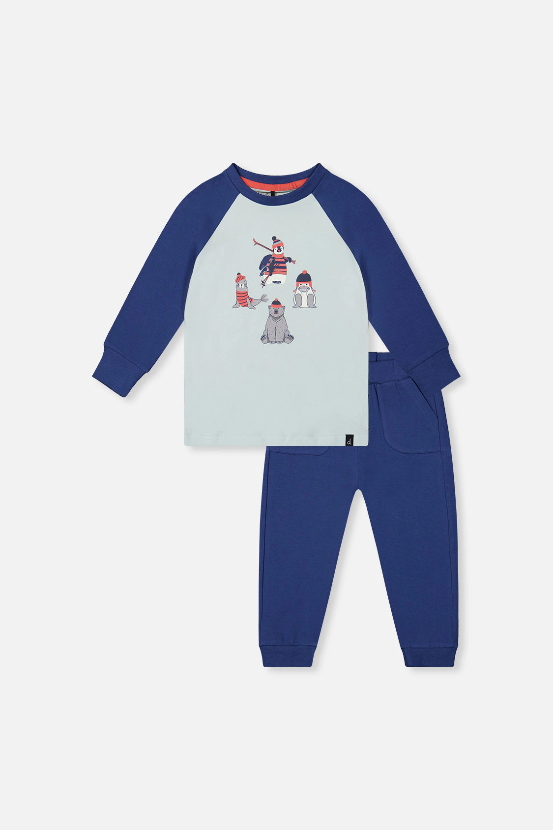 Deux par Boys Organic Cotton Raglan T-Shirt and Fleece Pants Set with Ski Animal Graphic